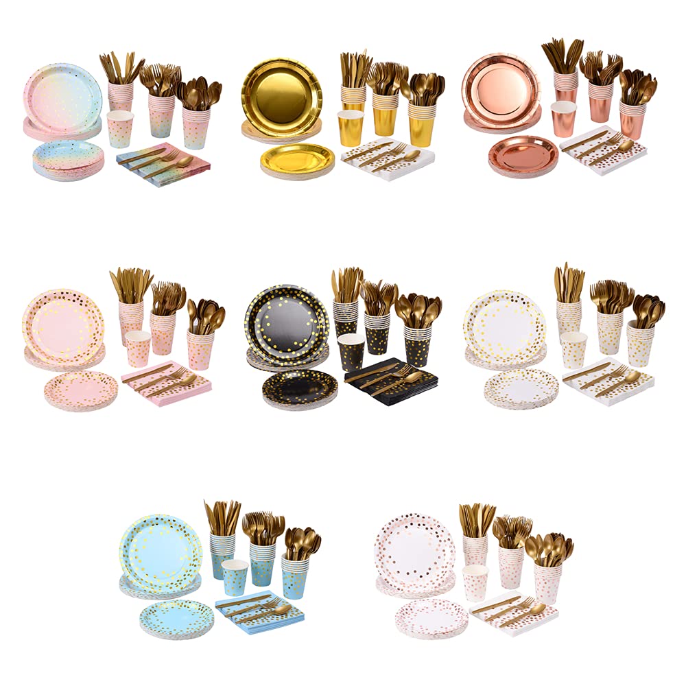 201-Piece Pink & Gold Party Supplies Set - Disposable Dinnerware for 25 Guests, Includes Pink Paper Plates, Cups, Napkins with Gold Dots & Gold Plastic Cutlery - Perfect for Baby Showers, Weddings, Bridal Showers & Birthday Parties (Elegant Pink & Gold Theme)