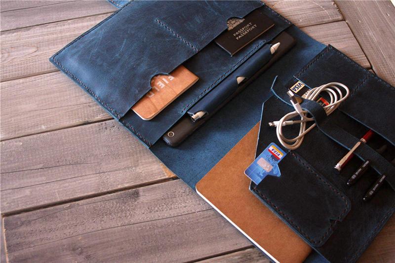 Personalized Distressed Blue Leather Portfolio - Custom Name Engraved Business Document Holder for Professionals & Executives | Perfect for Office, Meetings & Corporate Gifts