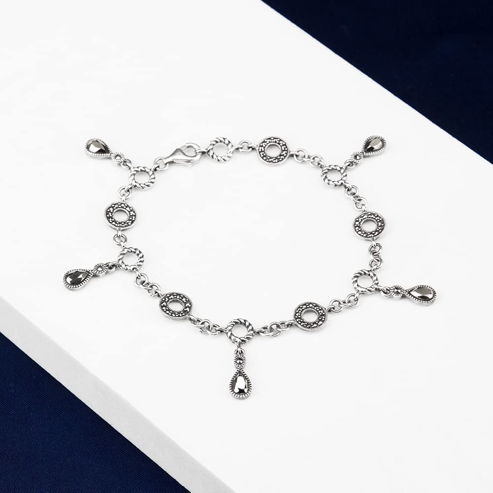 925 Sterling Silver Charm Bracelet for Women - Elegant Marcasite Hanging Pieces Bangle Jewelry | Perfect for Gifts, Parties & Everyday Wear