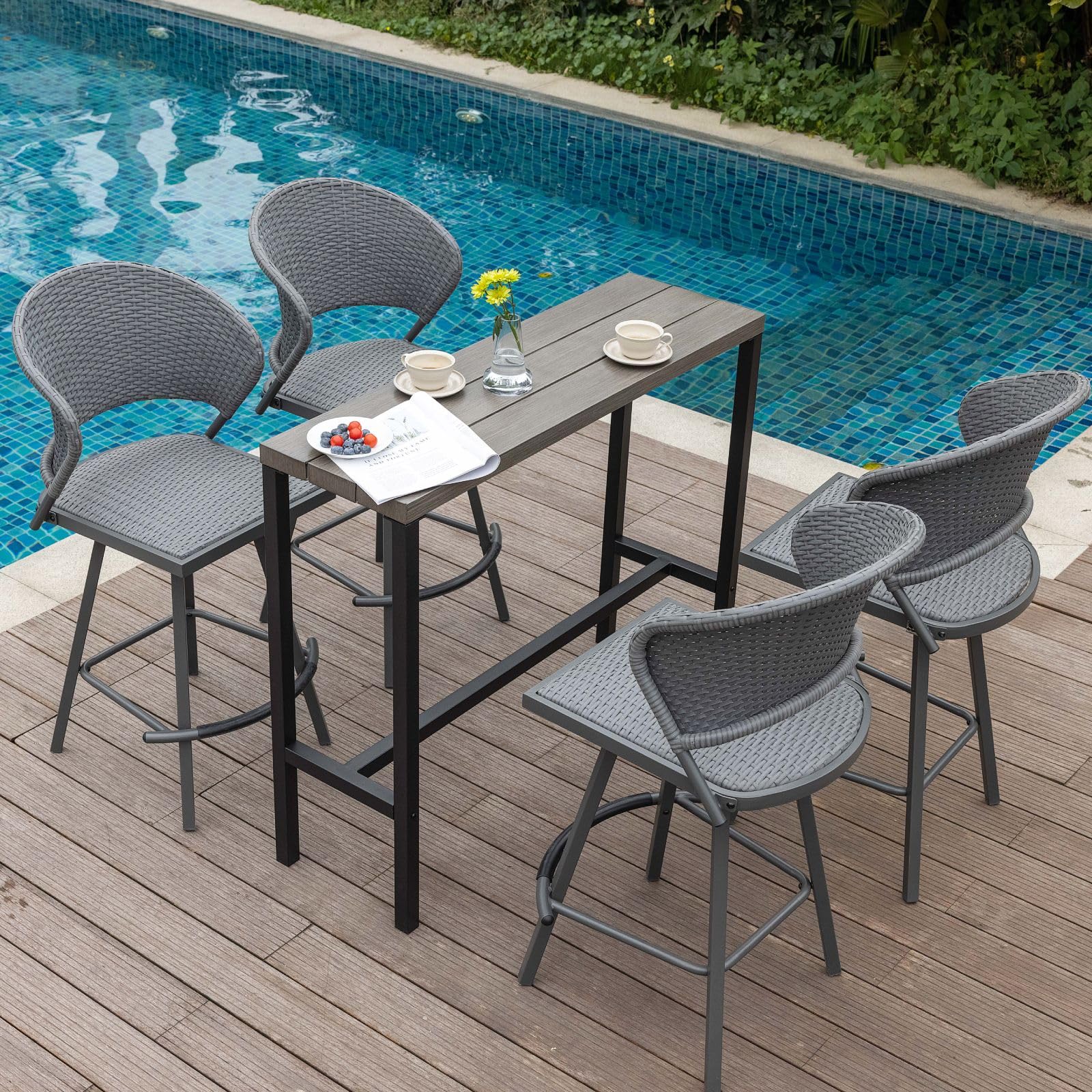 DIFY 45.3 Inch Outdoor Bar Table - Patio Pub Height Dining Table with Wood-Like Tabletop - Narrow Rectangle Design for Bistro, Balcony, Garden & Backyard - Weather-Resistant Grey Finish - Perfect for Outdoor Entertaining, BBQs & Small Space Dining