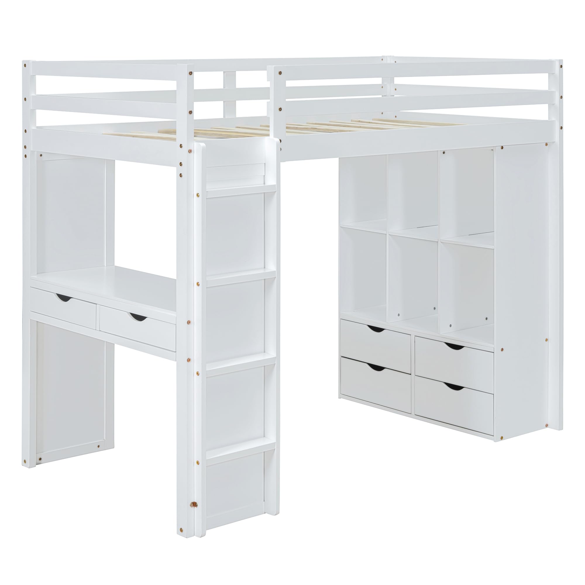 Harper & Bright Designs Full Size Loft Bed with Desk & Storage Shelves - White Wooden High Loft Bed Frame with LED Lights for Kids, Teens, Boys & Girls - Perfect for Small Bedrooms, Dorm Rooms & Space-Saving Kids' Rooms
