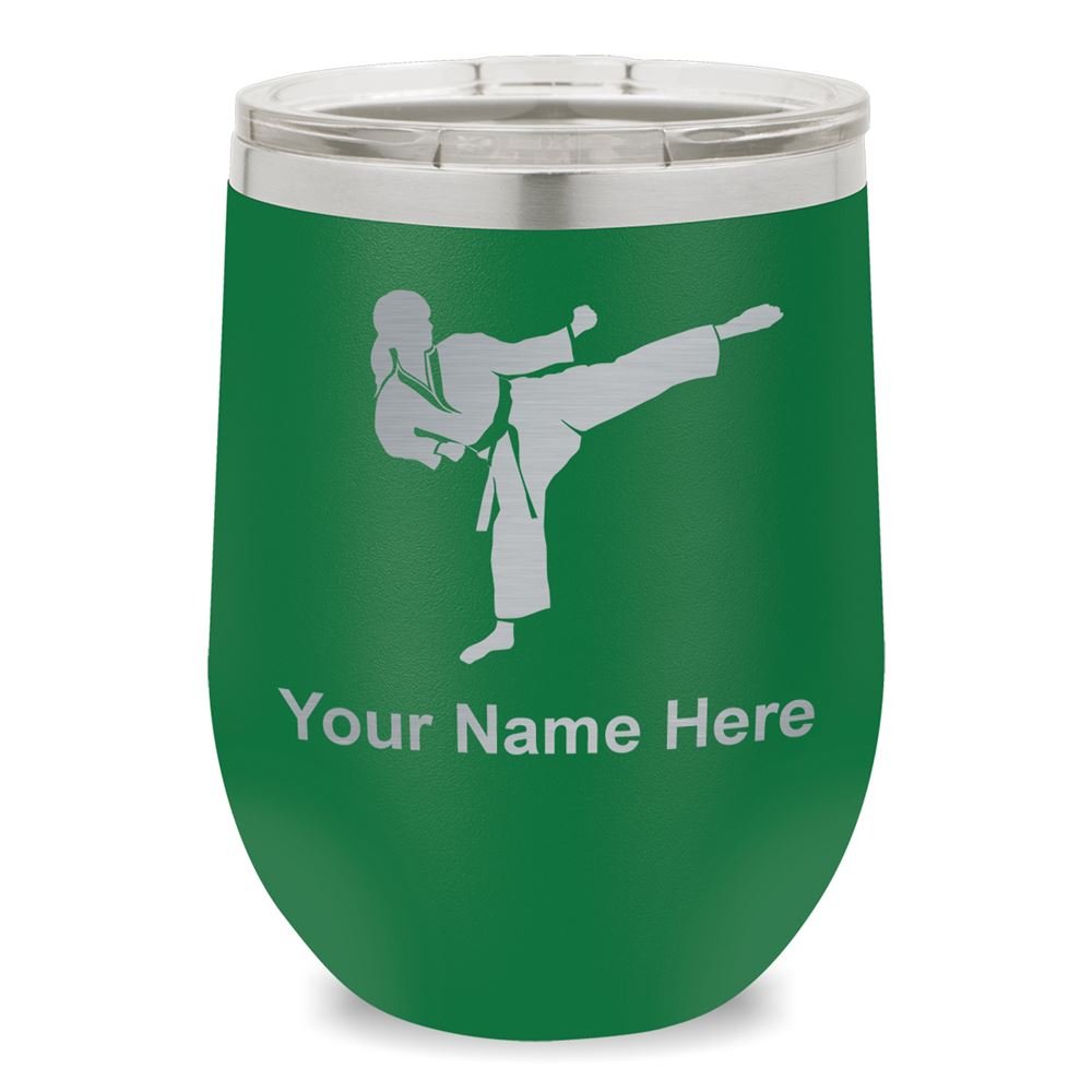 Personalized Engraved Karate Woman Wine Glass Tumbler - Green - Perfect for Martial Arts Enthusiasts, Birthday Gifts & Wine Lovers