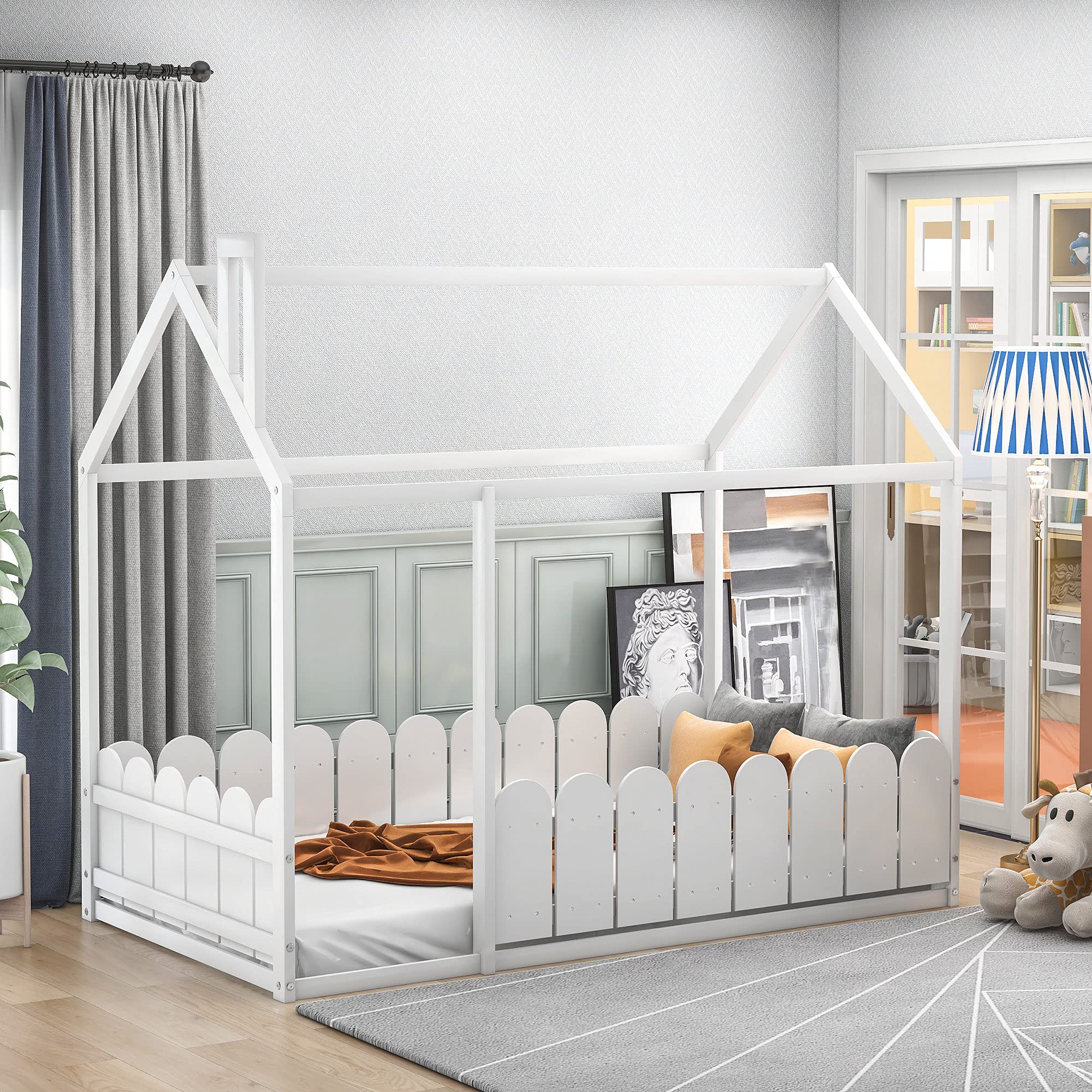 House-Shaped Kids Wooden Bed Frame with Safety Fence - Twin Size White Floor Bed for Children & Teens (Girls/Boens) - No Weight Limit - Box Spring Required - Perfect for Nursery, Bedroom or Playroom Decor