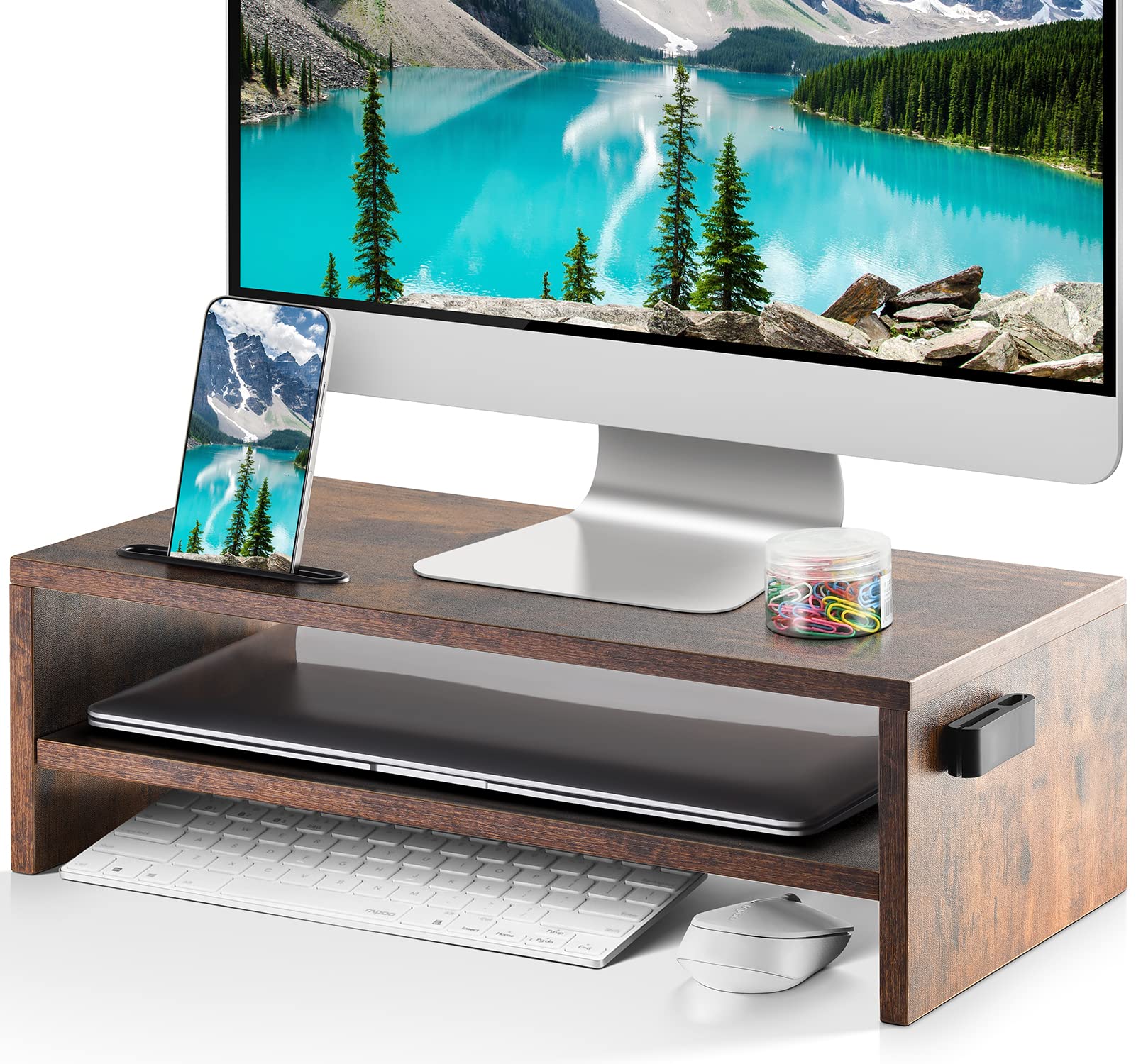 16.5 Inch Monitor Stand with Printer Shelf | 2-Tier Computer Monitor Riser & Laptop Stand | Vintage Style Desktop Organizer with Phone Holder & Cable Management | Perfect for Home Office & Workspace Organization