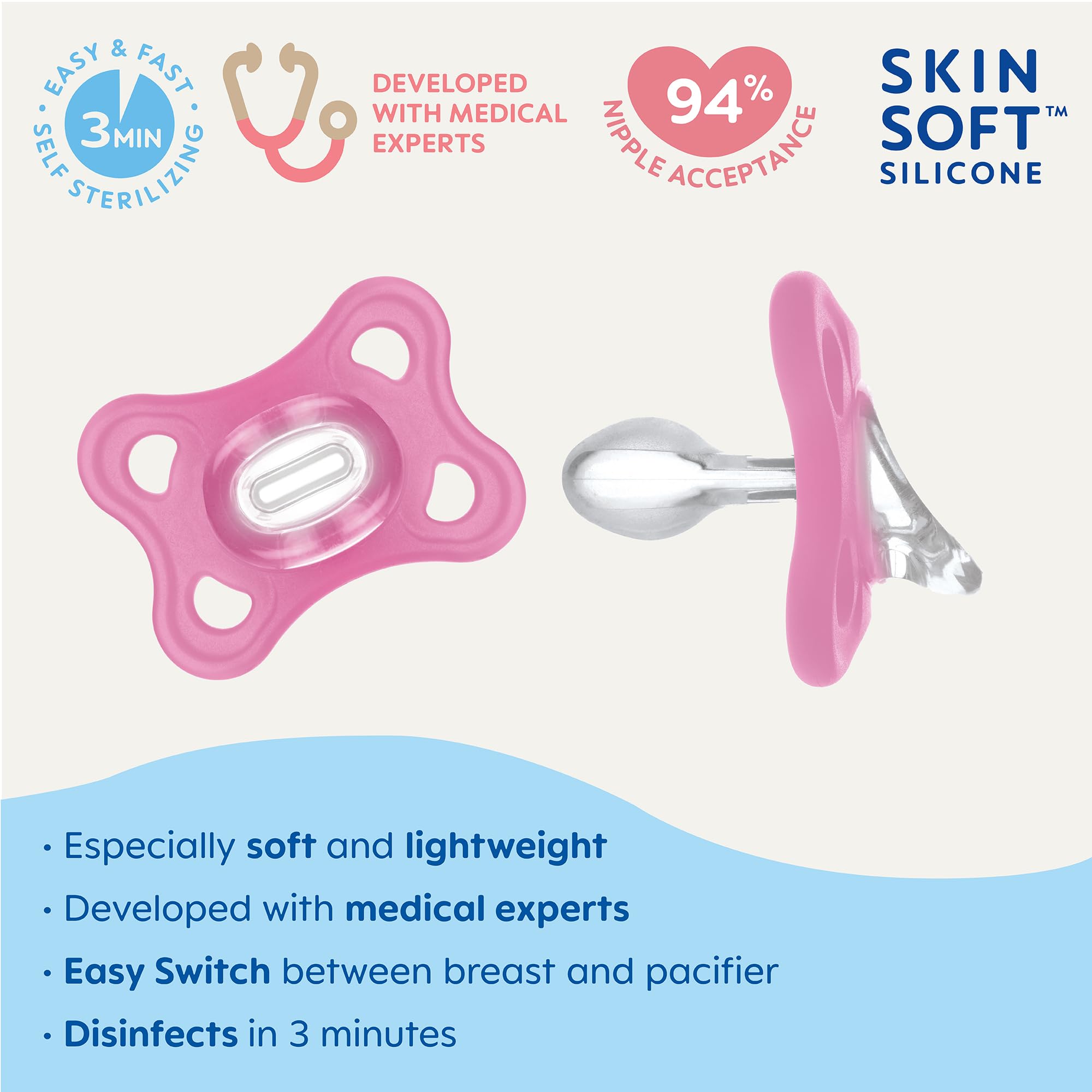 MAM Comfort Baby Pacifier for Newborns 0-3 Months - 100% Soft Silicone BPA-Free - Includes Sterilizer Case - 2 Pack (Pink) - Perfect for Soothing, Travel & Daycare Use
