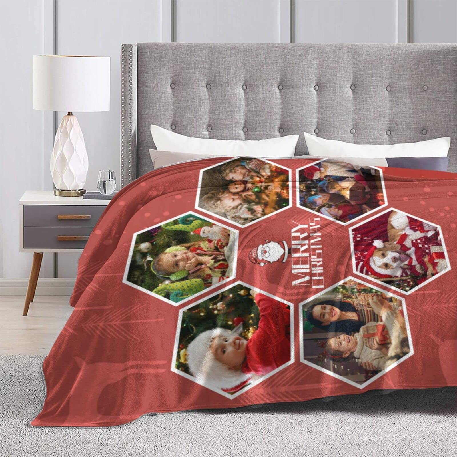 Merry Christmas Throw Blanket - Cozy Winter Holiday Fleece Flannel Blanket with Red Reindeer Design | Personalized Custom Blanket with 6-Photo Collage | Perfect for Sofa, Bed & Holiday Decor