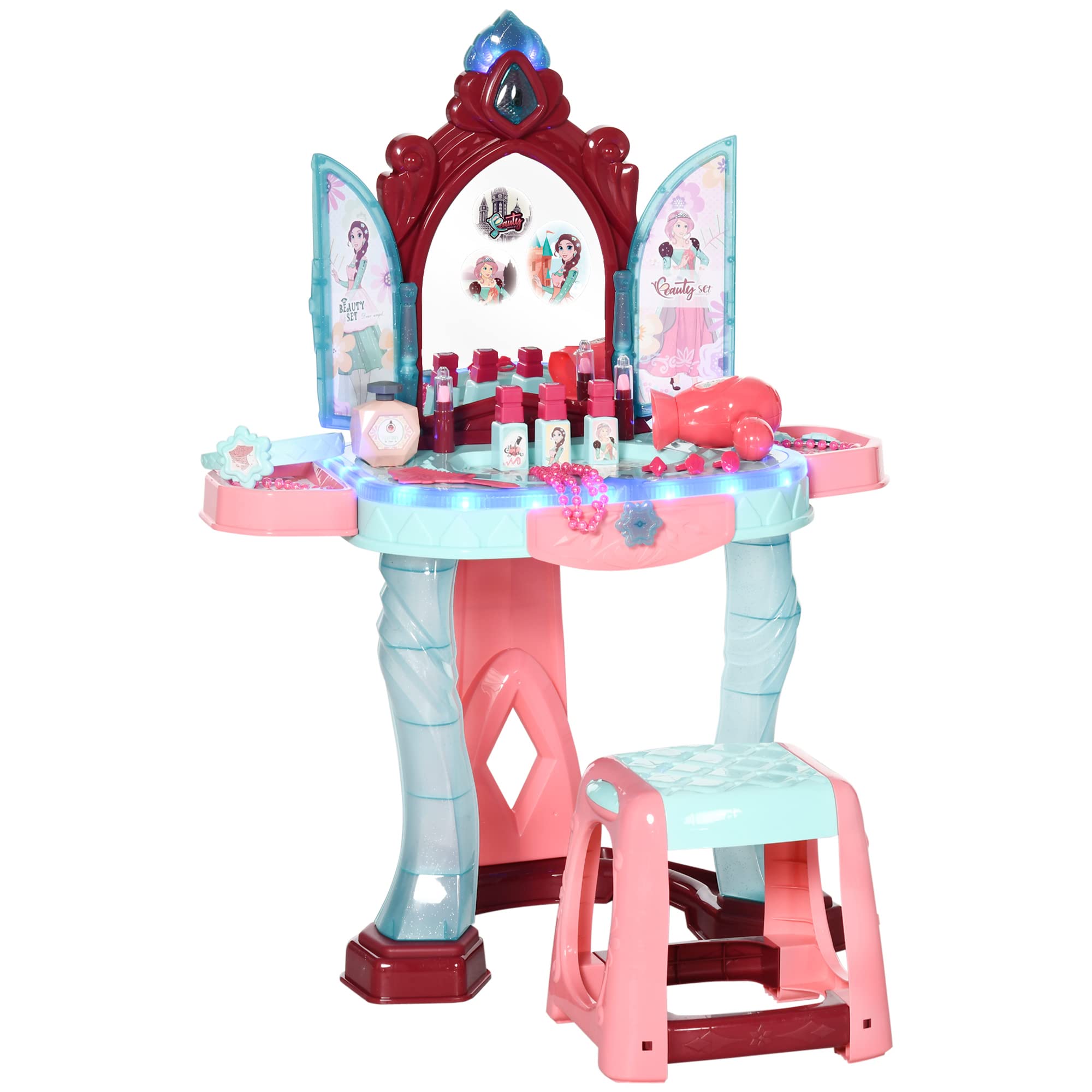 Qaba Kids Vanity Set with Self-Opening Magic Mirror, Princess Makeup Table with Music & Lights - Creative Play Toy for Girls Ages 3-6 | Perfect for Birthday Gifts, Pretend Play & Room Decor
