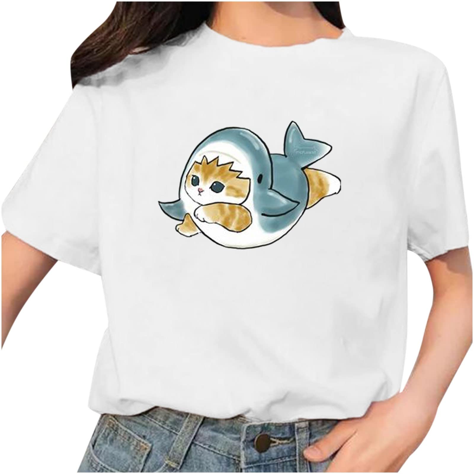 Trendy Cat Print Summer Tops for Women - Casual Crew Neck T-Shirts for Outings