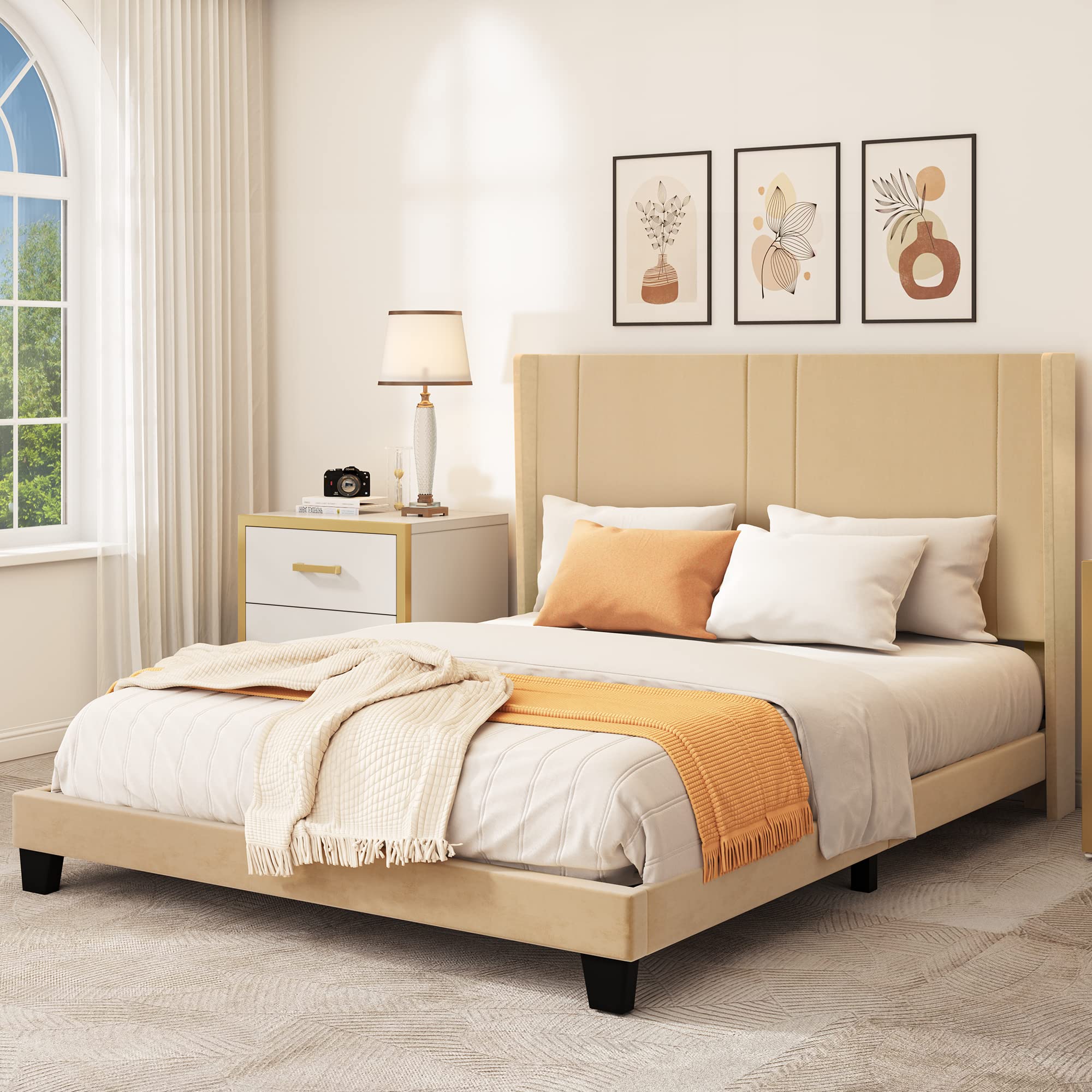 YITAHOME Queen Size Upholstered Bed Frame with Beige Velvet Headboard - Wingback Platform Bed Base with Wood Slats, No Box Spring Needed - Sturdy Mattress Foundation for Bedroom, Guest Room, Master Suite
