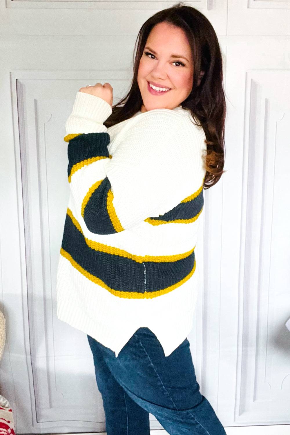 PLUS Casual Chic Yellow & Ivory Stripe Oversized Knit Sweater for Women | Cozy Winter Pullover | Perfect for Office, Date Night & Weekend Outfits