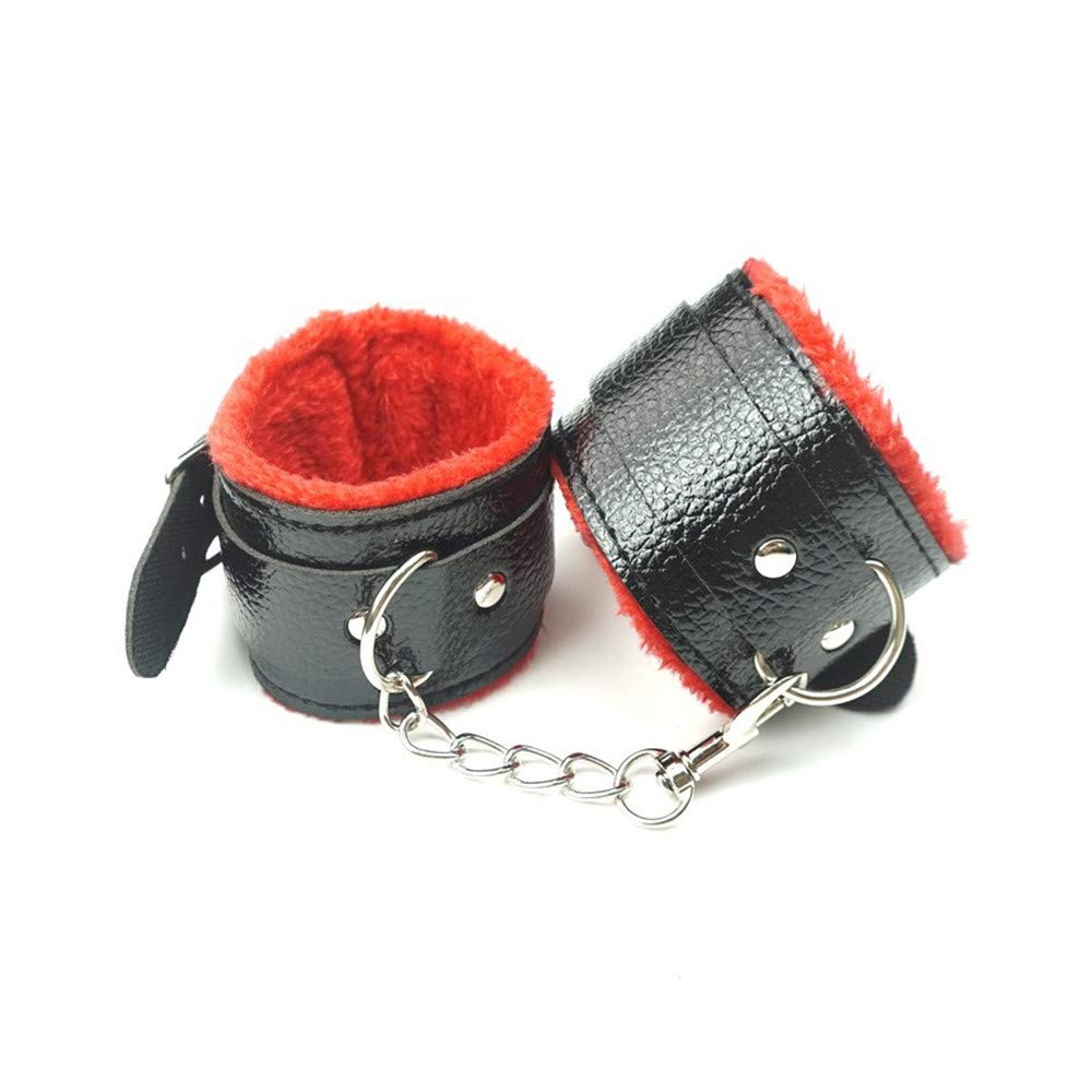 Adjustable Leather Handcuffs & Fluffy Wrist Cuffs - Sexy Role Play Accessories for Couples, BDSM, Cosplay, Yoga & Gym Workouts - Detachable Anklet Bracelet & Leash Chain for Home, Party & Exercise Bands