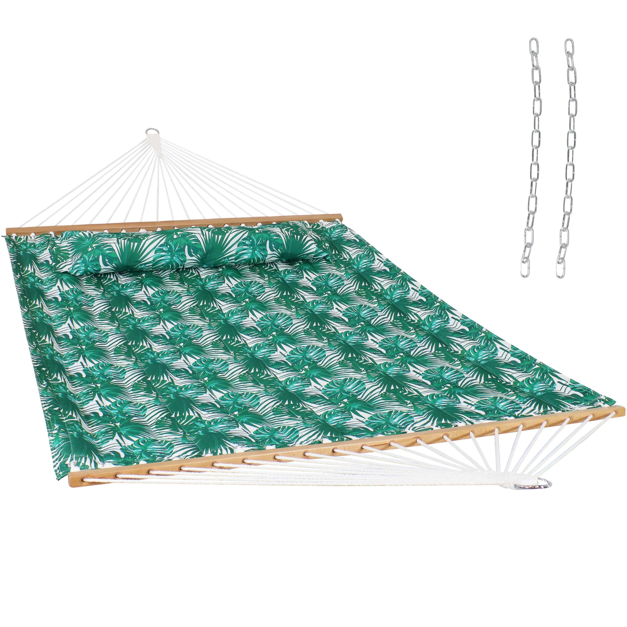 Sunnydaze Quilted Outdoor Hammock with Spreader Bars - Heavy Duty 450 lb Capacity Double Hammock for Patio, Backyard, Camping - Green Palm Leaf Design for Relaxation & Lounging