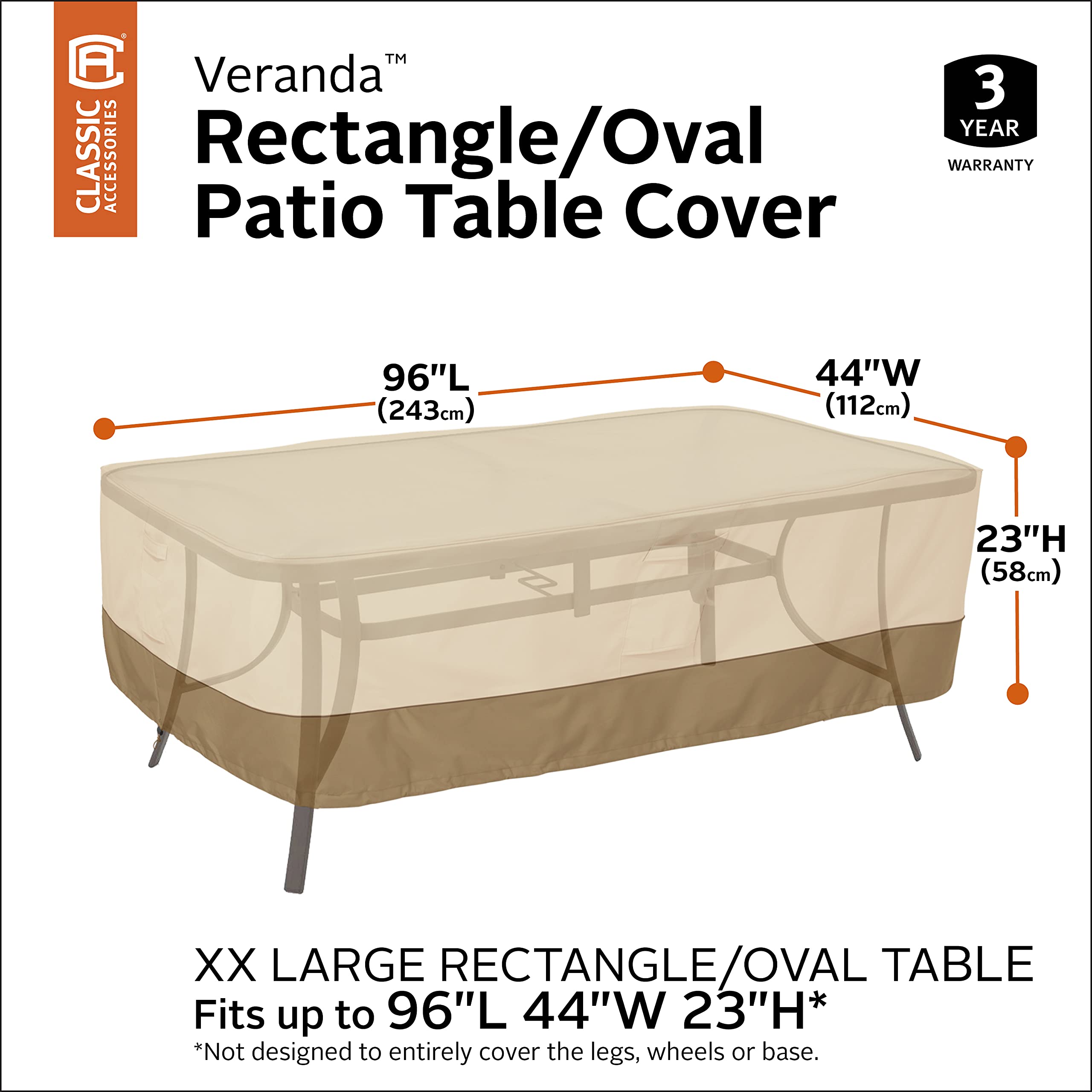 Classic Accessories Veranda 96 Inch Water-Resistant Rectangular/Oval Patio Table Cover – Durable Outdoor Table Protection for Dining and Entertaining
