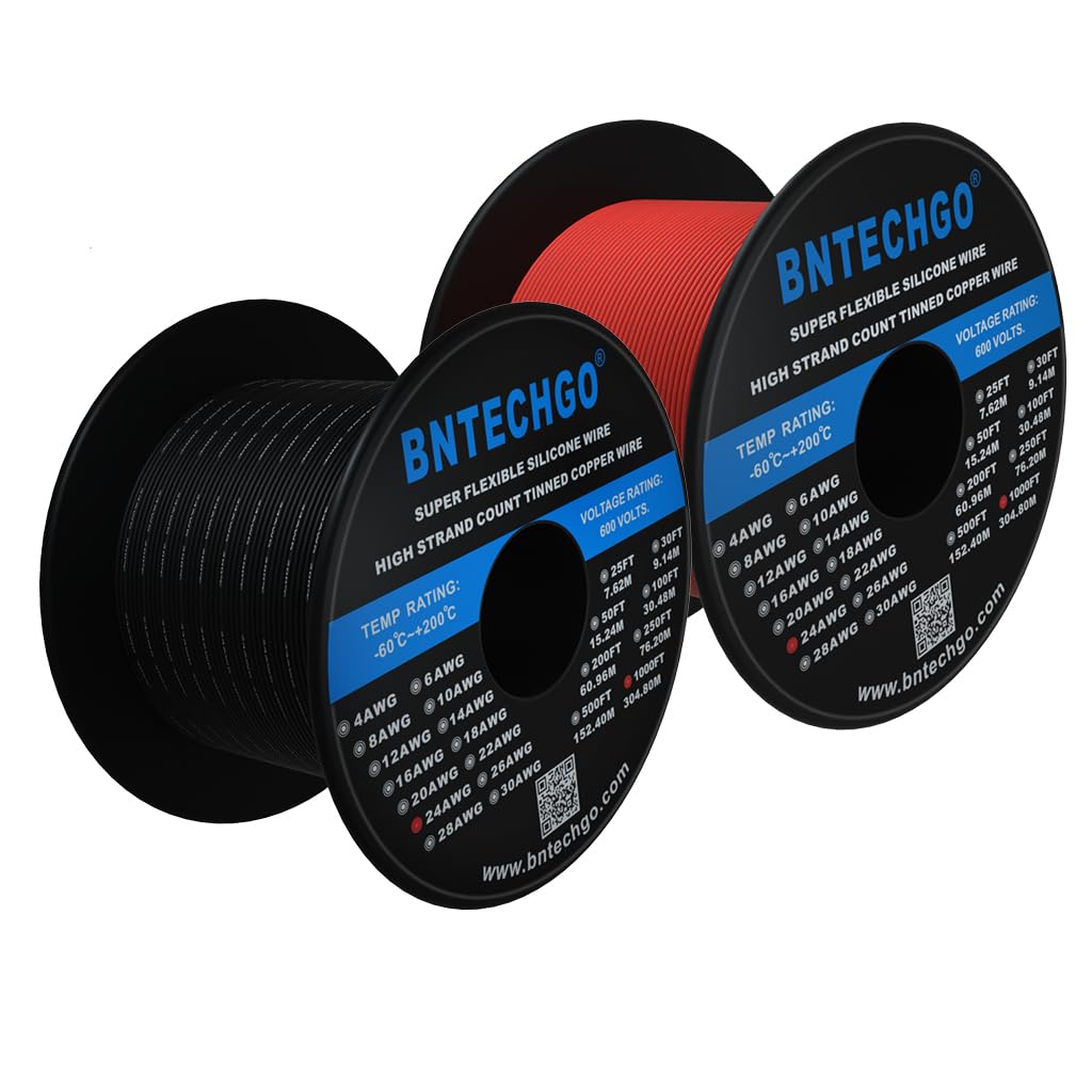 BNTECHGO 24 Gauge Silicone Wire Spool - 1000ft Red & Black Stranded Tinned Copper Wire (24 AWG) | Flexible Electrical Wiring for DIY Electronics, Automotive, and Home Appliances