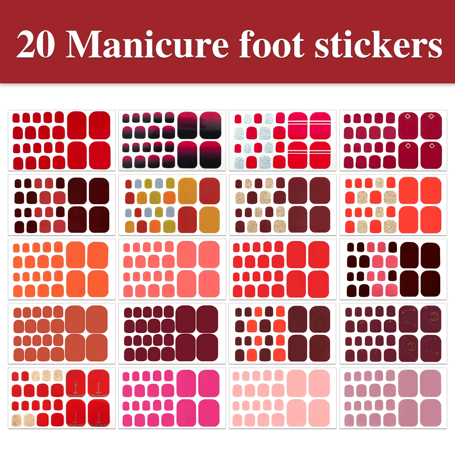 WOKOTO 20 Sheets 440pcs Red Nail Stickers - Full Cover Nail Wraps for Women & Toes - Solid Color Gel Polish Strips, Press On Nail Art Kit - Perfect for Salon, Home Manicures & Pedicures, Parties & Gifts