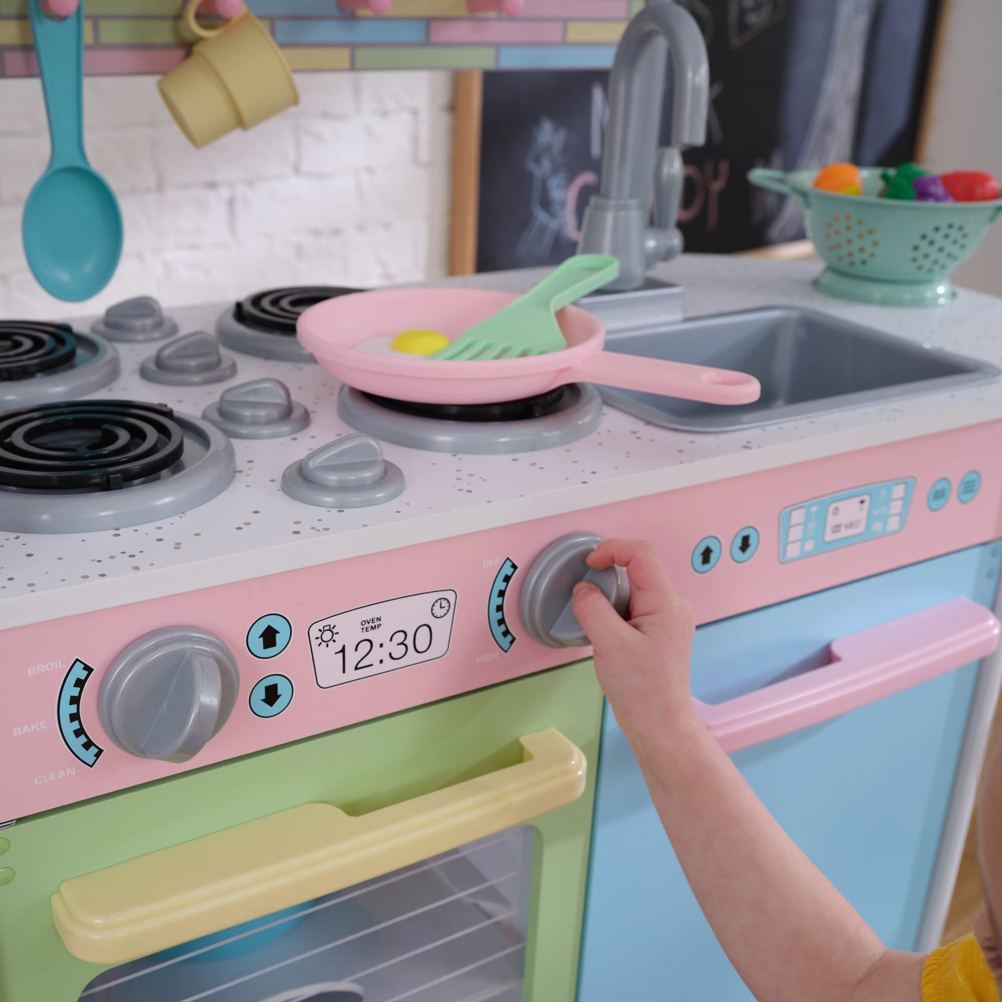 KidKraft Uptown Pastel Wooden Play Kitchen Set with Chalkboard, Play Phone & See-Through Doors - Pretend Play Toy for Toddlers Ages 3+ | Perfect for Imaginative Play, Birthday Gifts & Preschool Learning