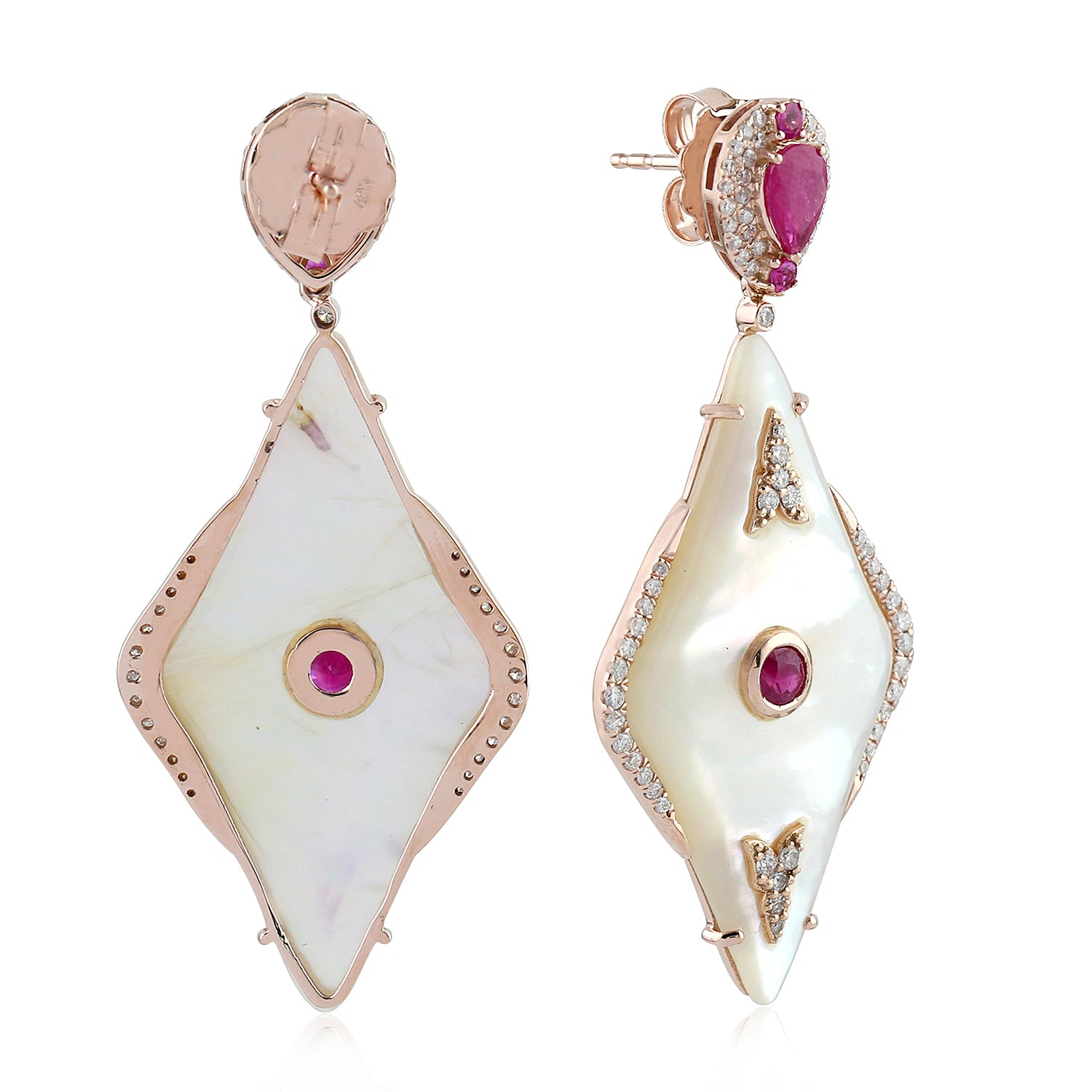 18K Rose Gold Kite Cut MOP Bezel Set Ruby Gemstone Pave Diamond Dangle Earrings for Women - Perfect for Weddings, Parties & Special Occasions