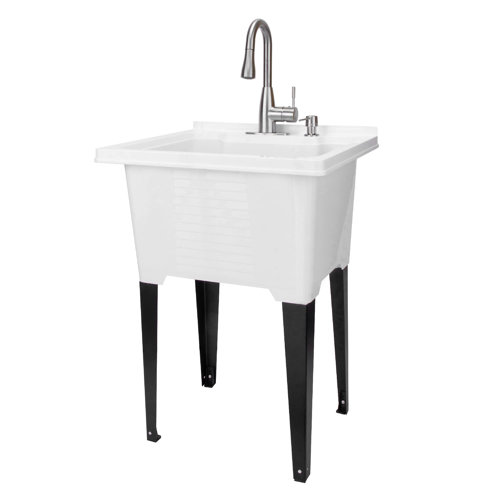 JS Jackson Supplies White Utility Sink - Tehila Luxe Laundry Tub with Stainless Steel Pull-Down Faucet & Soap Dispenser | Perfect for Laundry Rooms, Basements & Garage Cleaning Stations