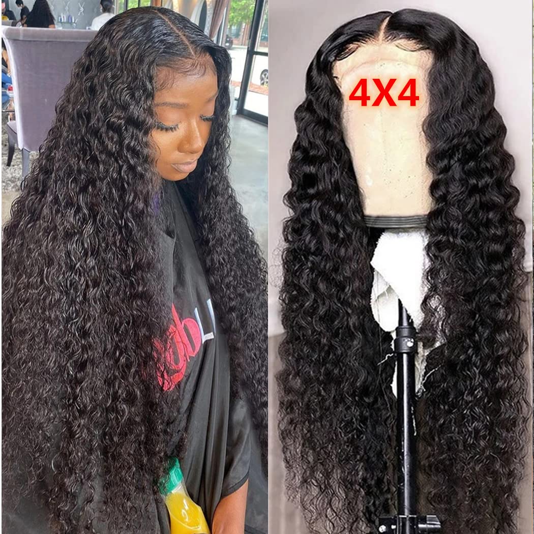 Kiss Love Glueless Human Hair Wigs - 180% Density Deep Wave Pre Plucked Wig with 4x4 Curly Closure & Elastic Band (28 Inch) | Perfect for Daily Wear, Parties & Special Occasions