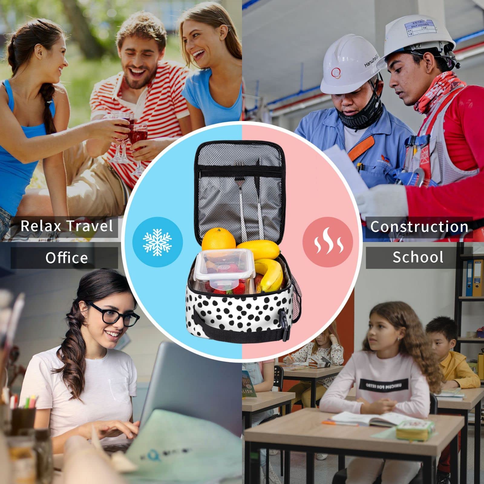 Polka Dot Insulated Lunch Box for Women, Men, Kids - Reusable & Washable Thermal Lunch Bag for School, Office, Picnic, Travel & Outdoor Activities