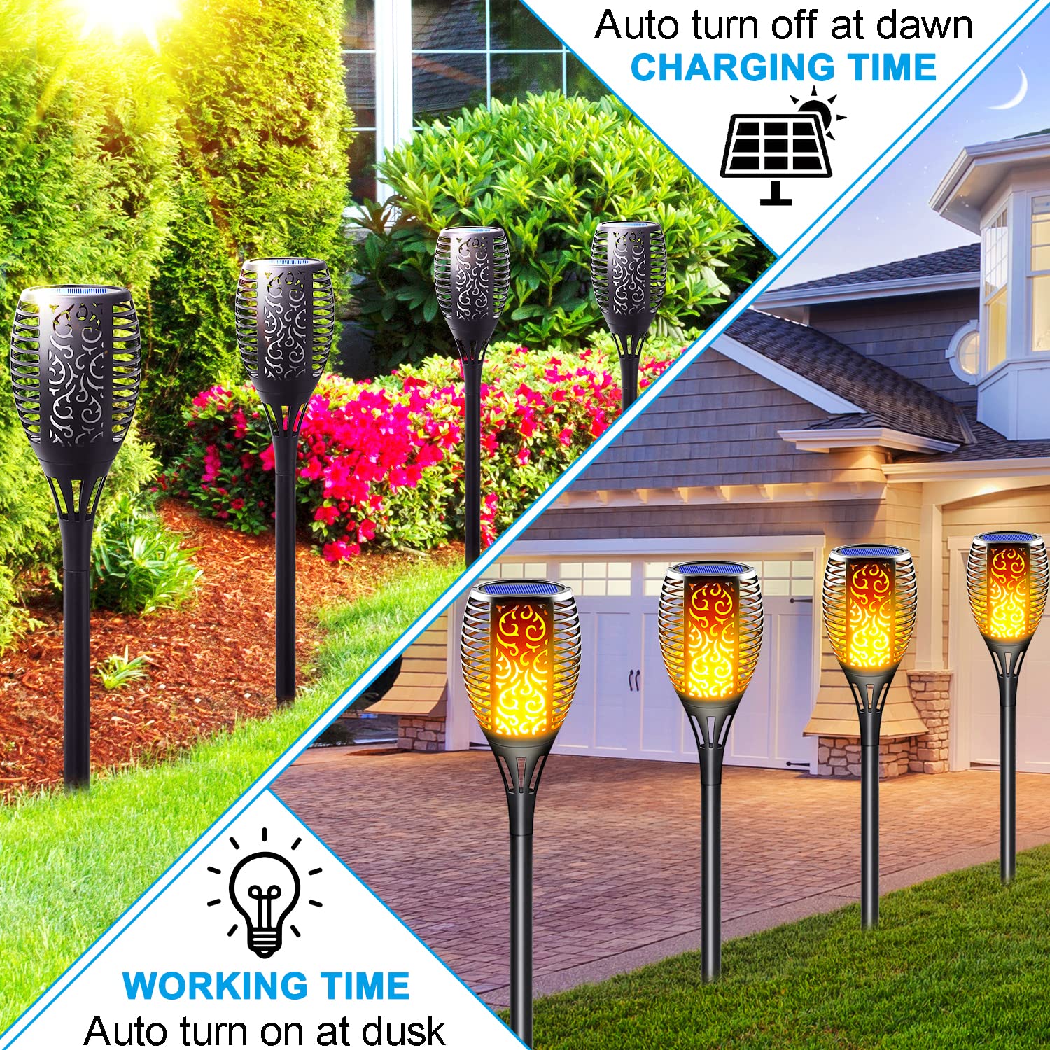 14 Pack Solar Torch Lights Outdoor Waterproof - Flickering Flame Solar Fire Lights with Auto On/Off, 3-in-1 Dusk to Dawn Sensor for Christmas Decor, Garden Pathway & Hanging Lantern - Perfect for Patio, Yard, Walkway & Landscape Lighting