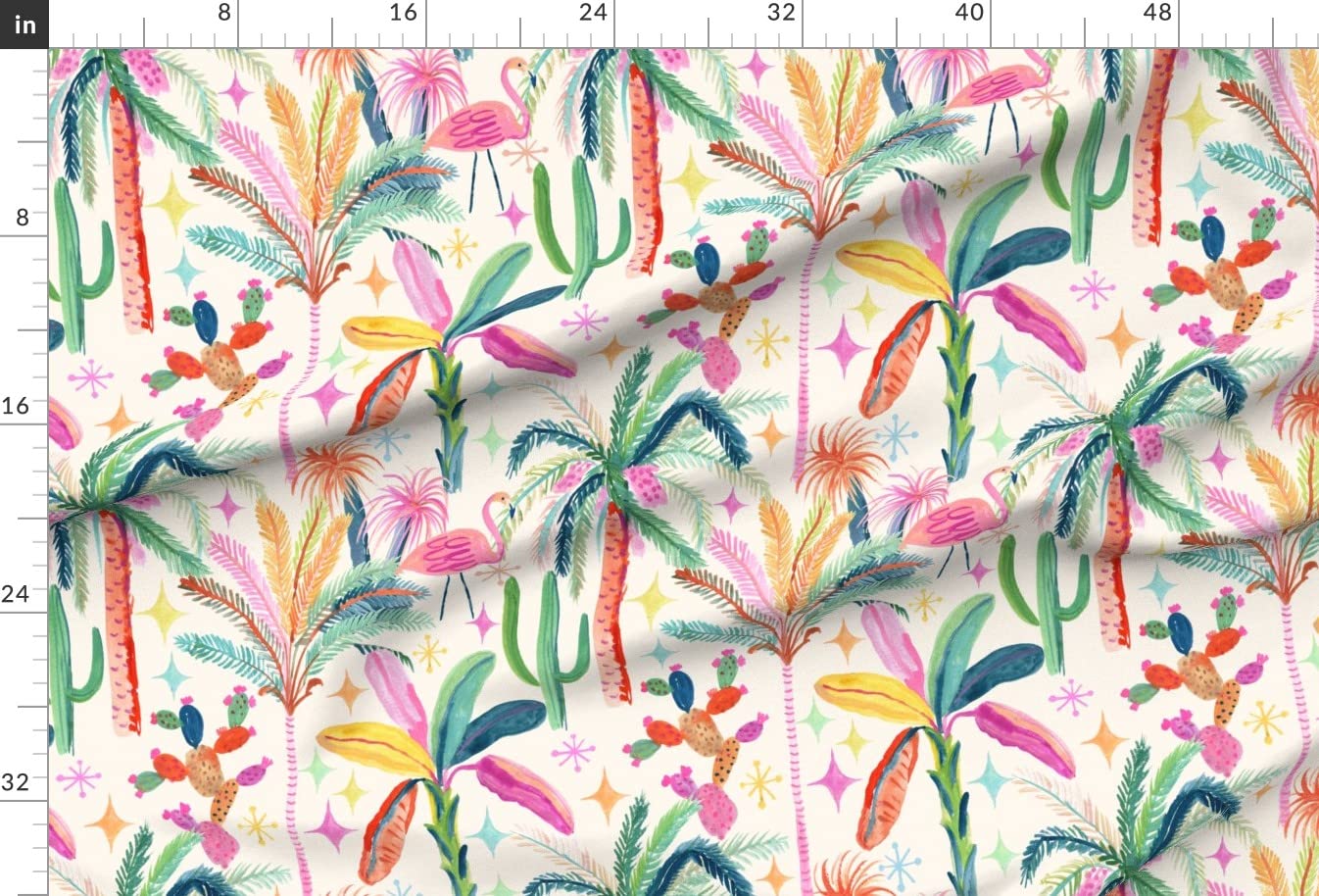 Palm Springs Retro Tropical Cactus Print Satin Fabric - Fat Quarter for Sewing, Apparel, Lining & Home Decor | Perfect for DIY Fashion, Quilting, Blankets & Boho Chic Decor