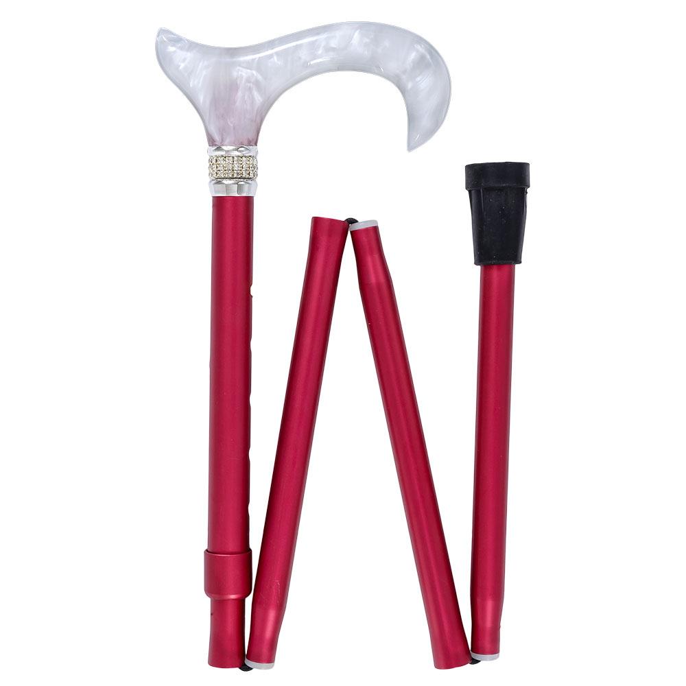 Elegant Adjustable Folding Cane with Rhinestone Collar & Red Shaft - Stylish Walking Stick for Women, Fashionable Support for Daily Use, Travel & Special Occasions