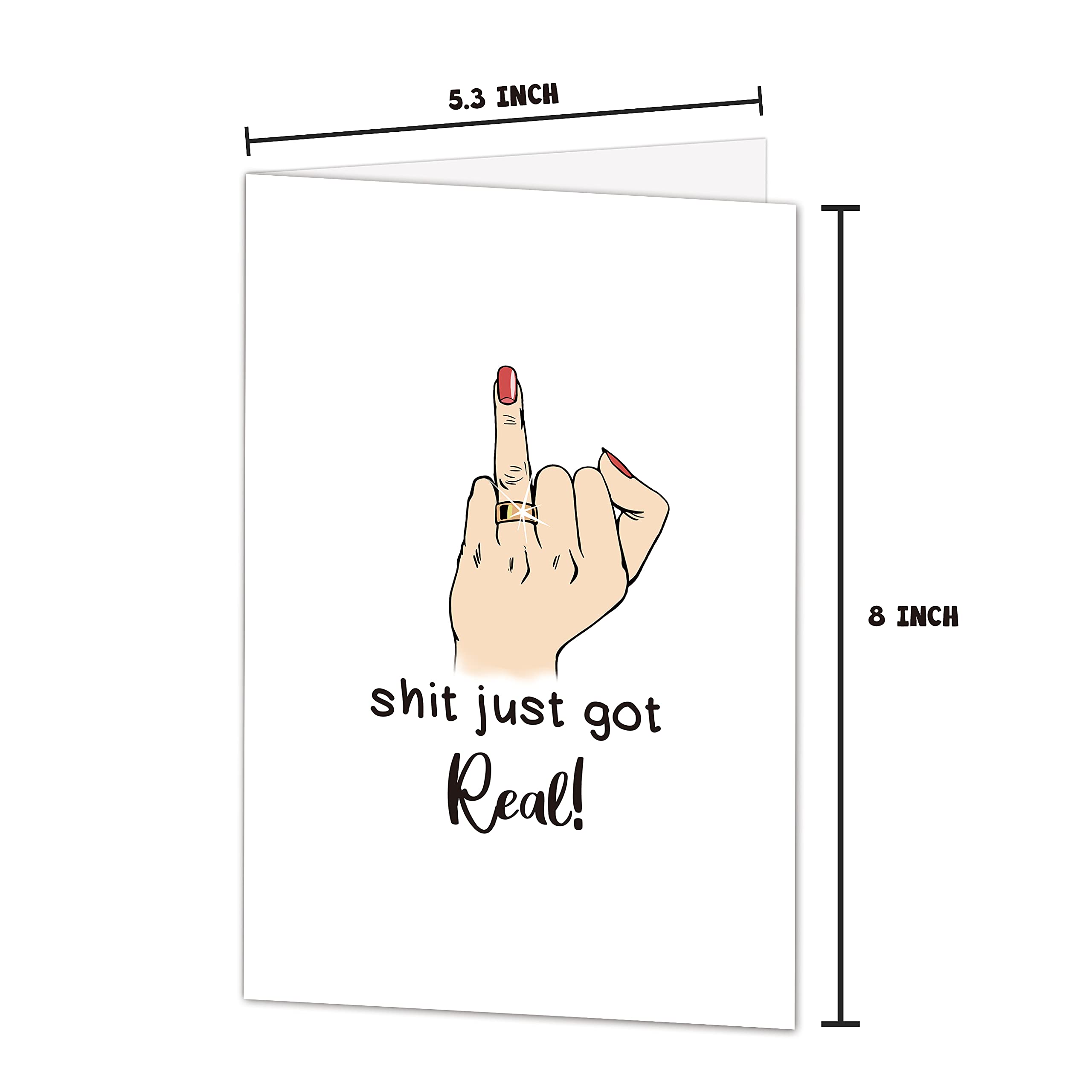 Funny Wedding Card for Couples - Naughty Engagement Card for Newlyweds - 'Shit It Just Got Real' Humorous Wedding Ring Finger Card - Perfect for Bachelorette Parties, Wedding Showers & Anniversary Gifts