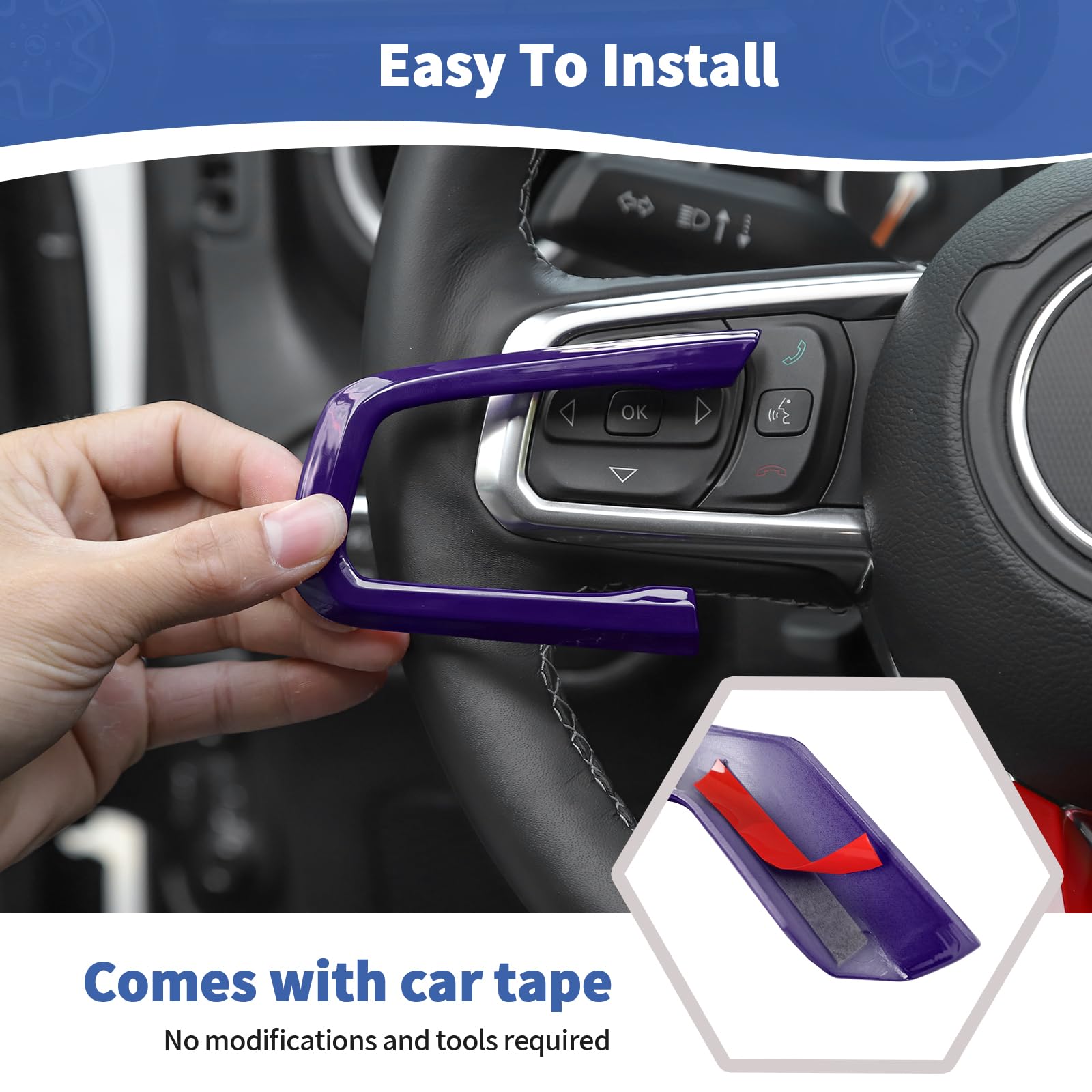 RT-TCZ Purple Steering Wheel Trim Decal Panel for Jeep Wrangler JL JLU & Gladiator JT (2018-2024) - 3-Piece Interior Accessories Kit - Upgrade Your Ride with Stylish Purple Accents