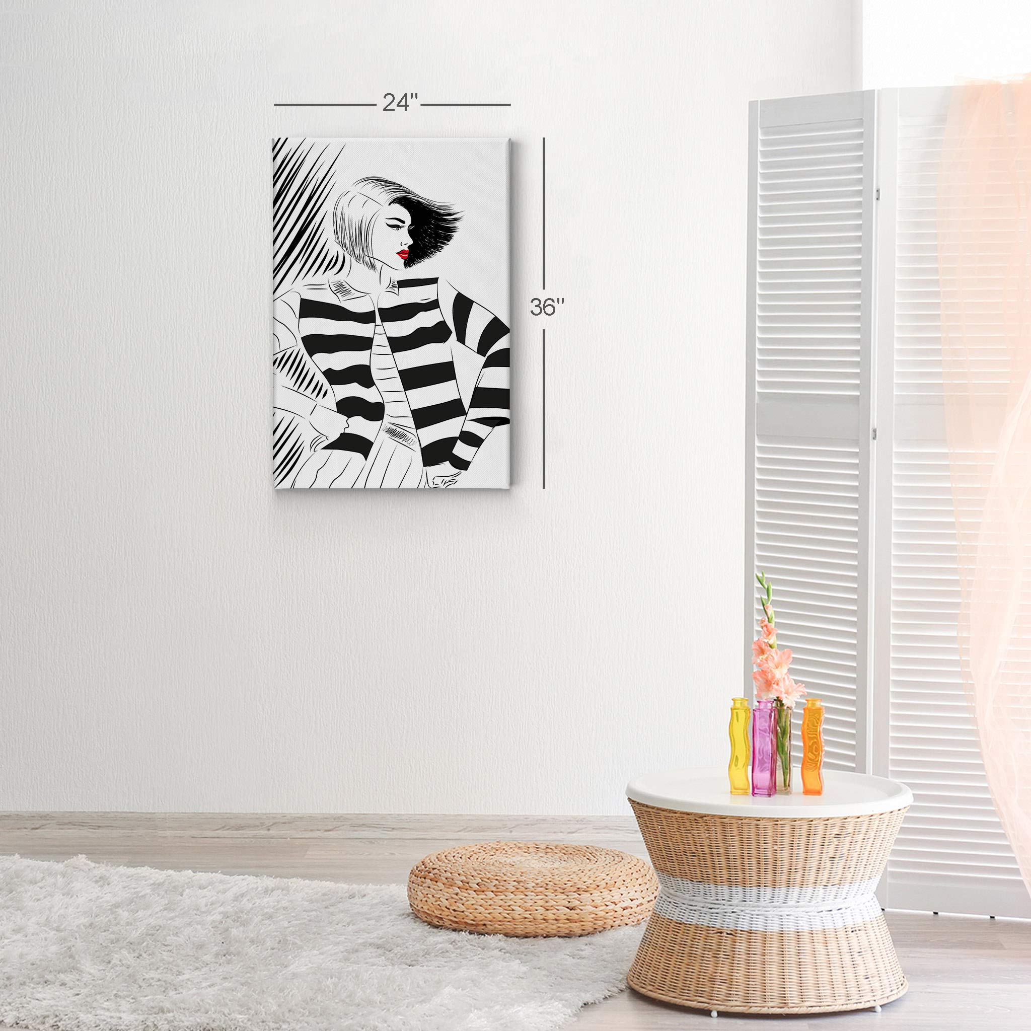 Black and White Lady Red Lips Sketch Glam Fashion Canvas Wall Art Print - Modern Home Office Decor, Teen Girl Room & Women's Dorm Bedroom Living Room Wall Decor - Ready to Hang 36x24 Inches - Perfect for Bathroom, Bedroom & Living Room Wall Decoration