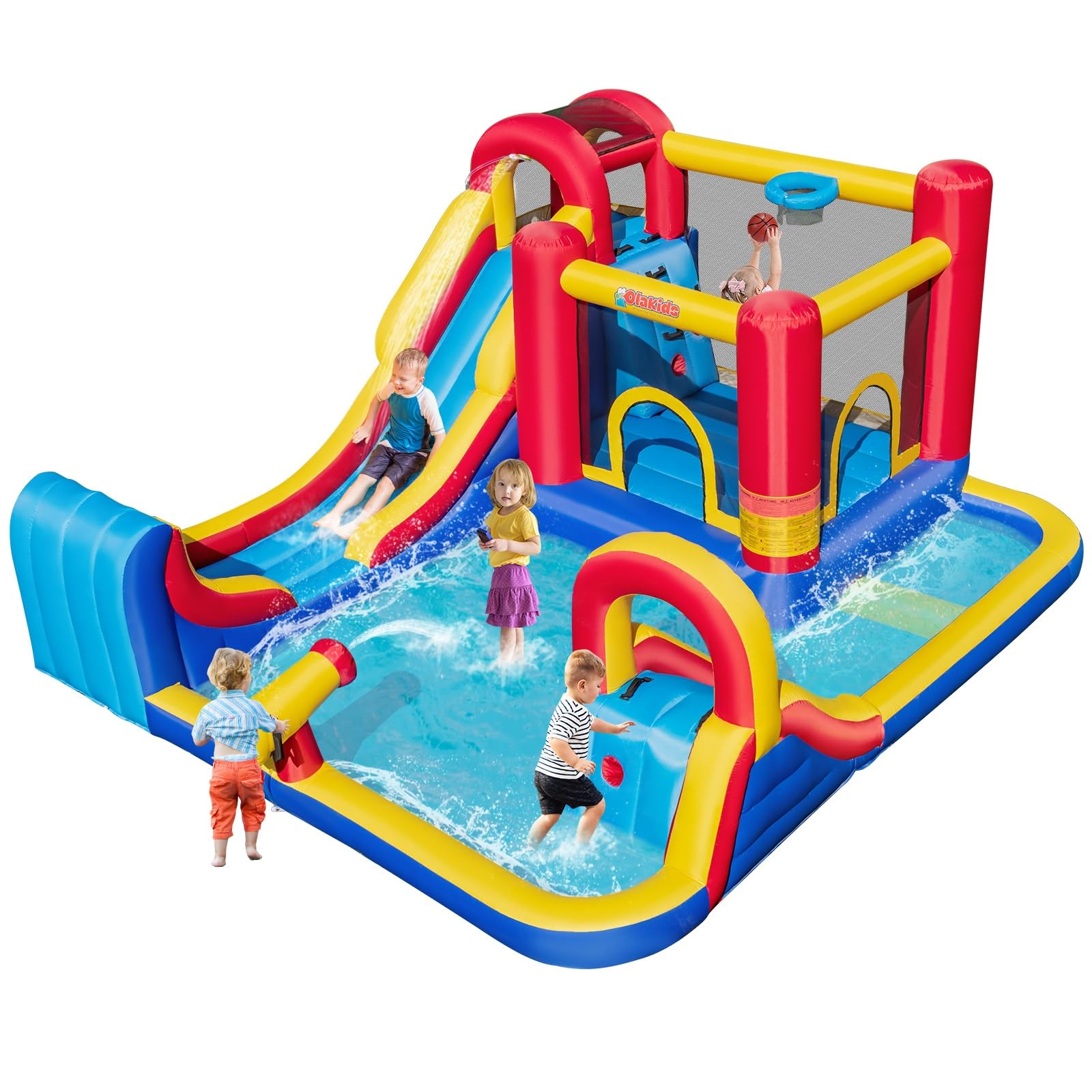 **OLAKIDS Inflatable Water Slide - 8-in-1 Bounce House Water Park with 2 Slides, Splash Pools, Climbing Wall, Water Gun & Basketball Rim | Outdoor Inflatable Obstacle Course for Kids | Perfect for Backyard Parties, Summer Fun & Outdoor Play**