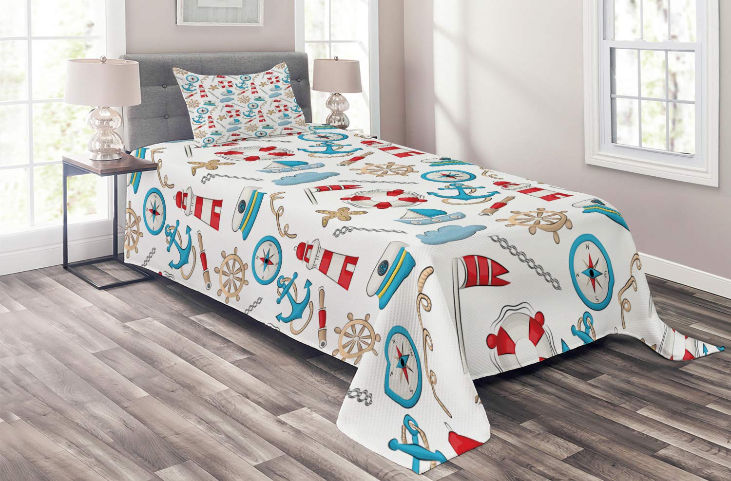 Ambesonne Nautical Twin Size Bedspread Set - 2 Piece Quilted Coverlet with Pillow Sham, Lighthouse & Anchor Themed Marine Decor for Coastal Bedroom - White & Multicolor Sea Themed Bedding for Kids & Teens
