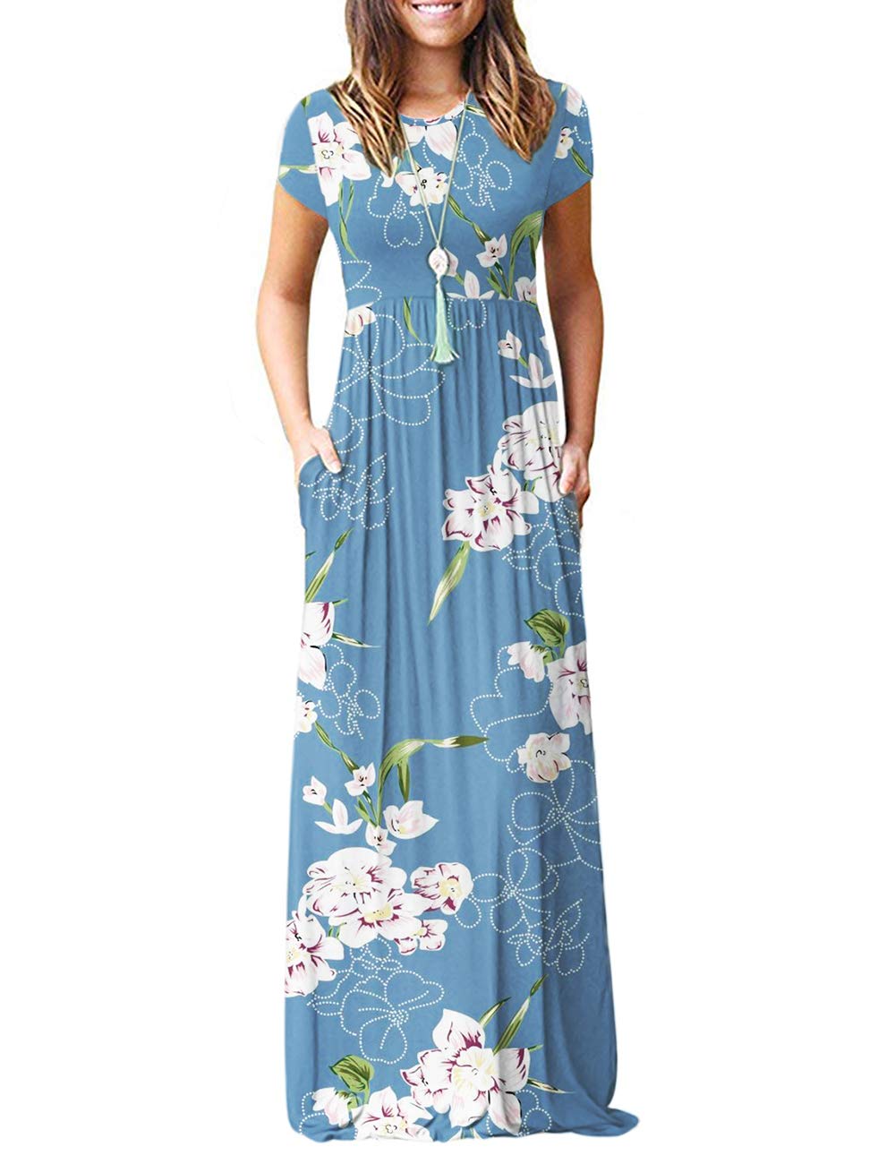 MISFAY Women's Short Sleeve Loose Plain Maxi Dress with Pockets - Casual Long Summer Dress for Beach, Vacation & Everyday Wear