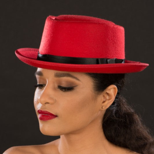 FW2232 Women's Red Felt Dress Hat - Elegant Wide Brim Cloche for Church, Weddings & Special Occasions