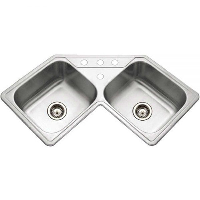 Houzer Legend Series 32-inch Stainless Steel Drop-in Topmount 4-Hole 50/50 Double Bowl Corner Kitchen Sink - Perfect for Small Kitchens, Apartments & RV Use