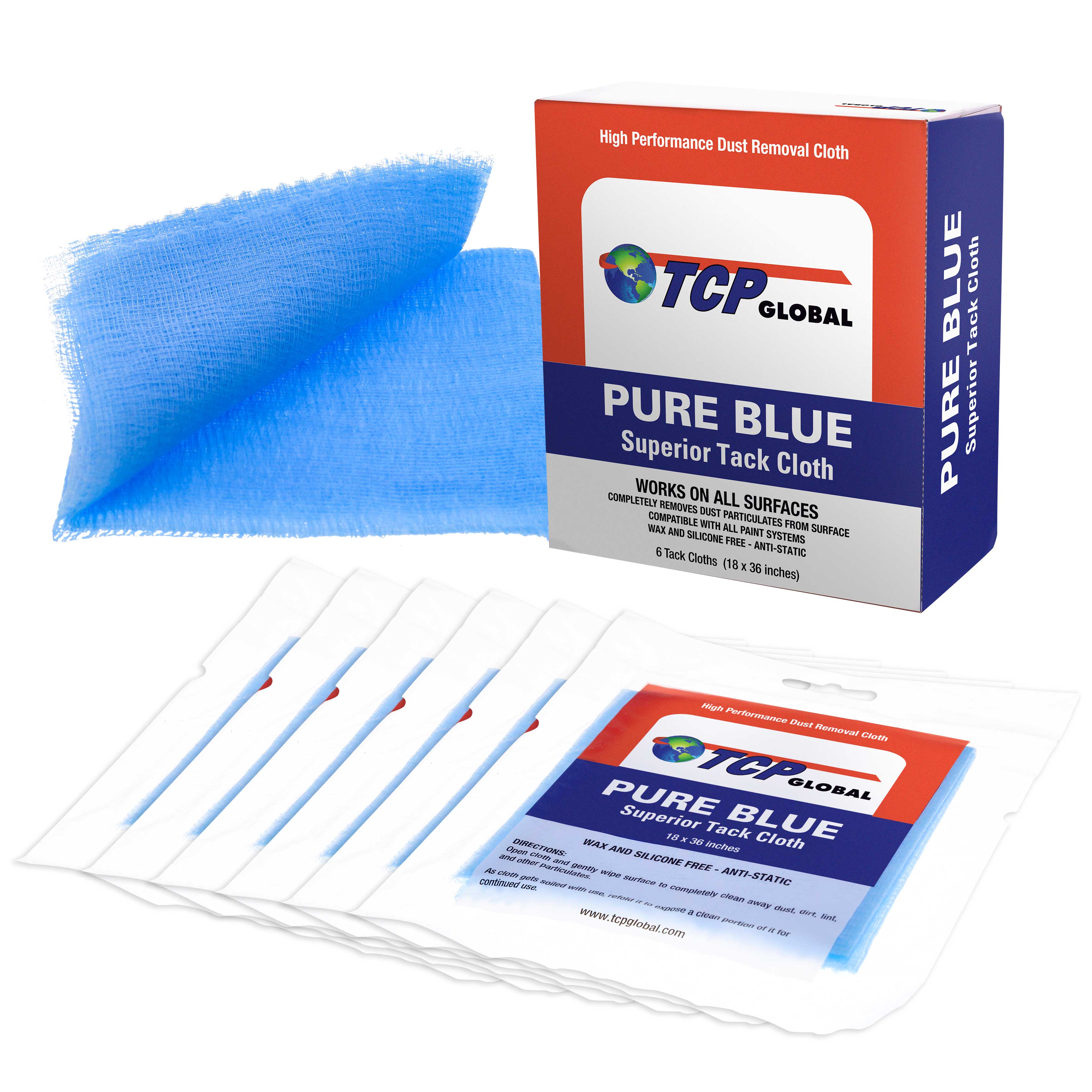 Pure Blue Superior Tack Cloths (Box of 6) - Professional Grade Automotive Tack Rags for Car Painters | Dust & Sanding Particle Remover, Surface Cleaner | Wax-Free, Silicone-Free & Anti-Static | Perfect for Auto Body Prep, Woodworking & Metal Finishing