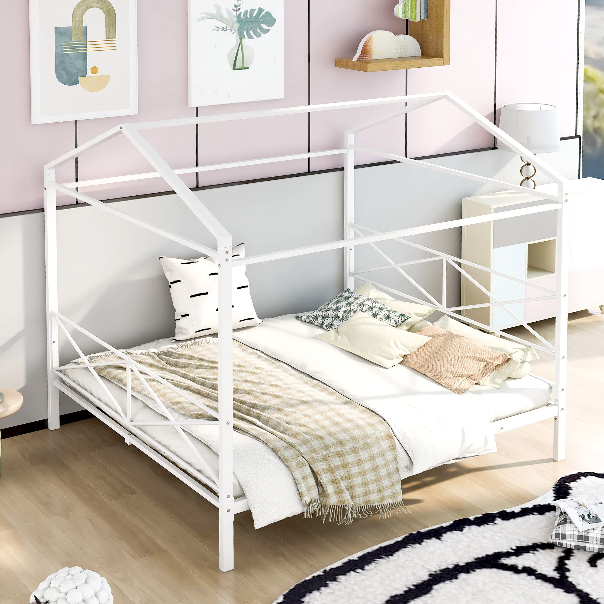 Montessori House Bed for Kids - Queen Size Metal Platform Bed Frame with Headboard & Footboard, White - Perfect for Toddler Rooms & Play Areas