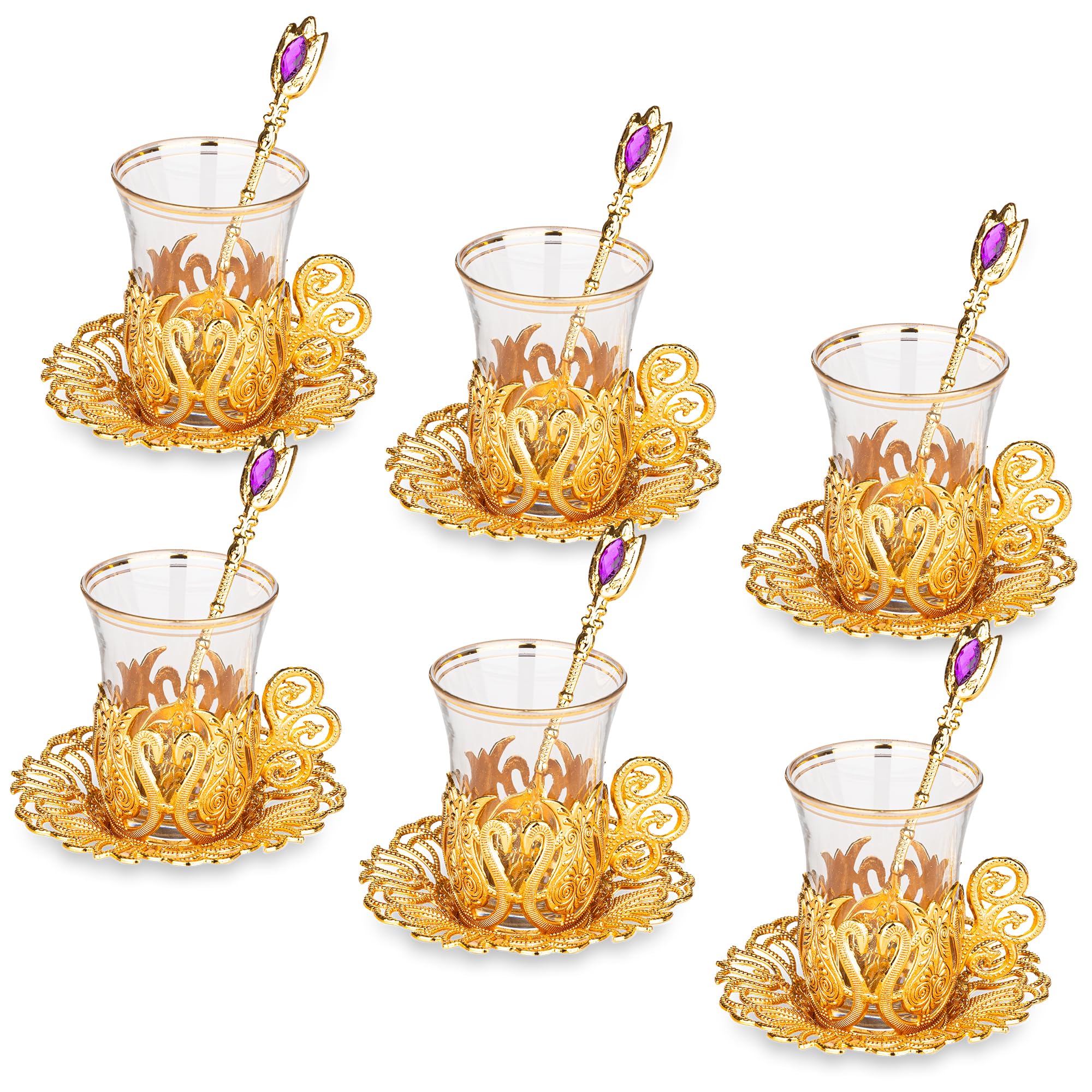 Handmade Turkish Tea Set - 6 Piece Ottoman Style Zamzam Serving Glasses with Saucers & Spoons (Gold) - Perfect for Traditional Tea Ceremonies & Home Decor