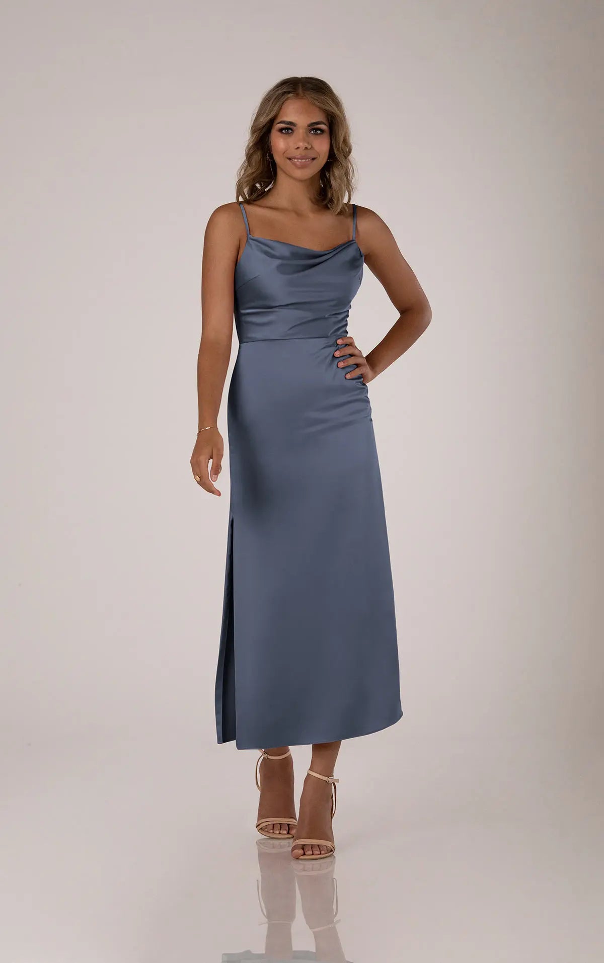 Aliza Tea Length Charmeuse Dress - Elegant & Flowy Formal Gown for Weddings, Parties & Special Occasions