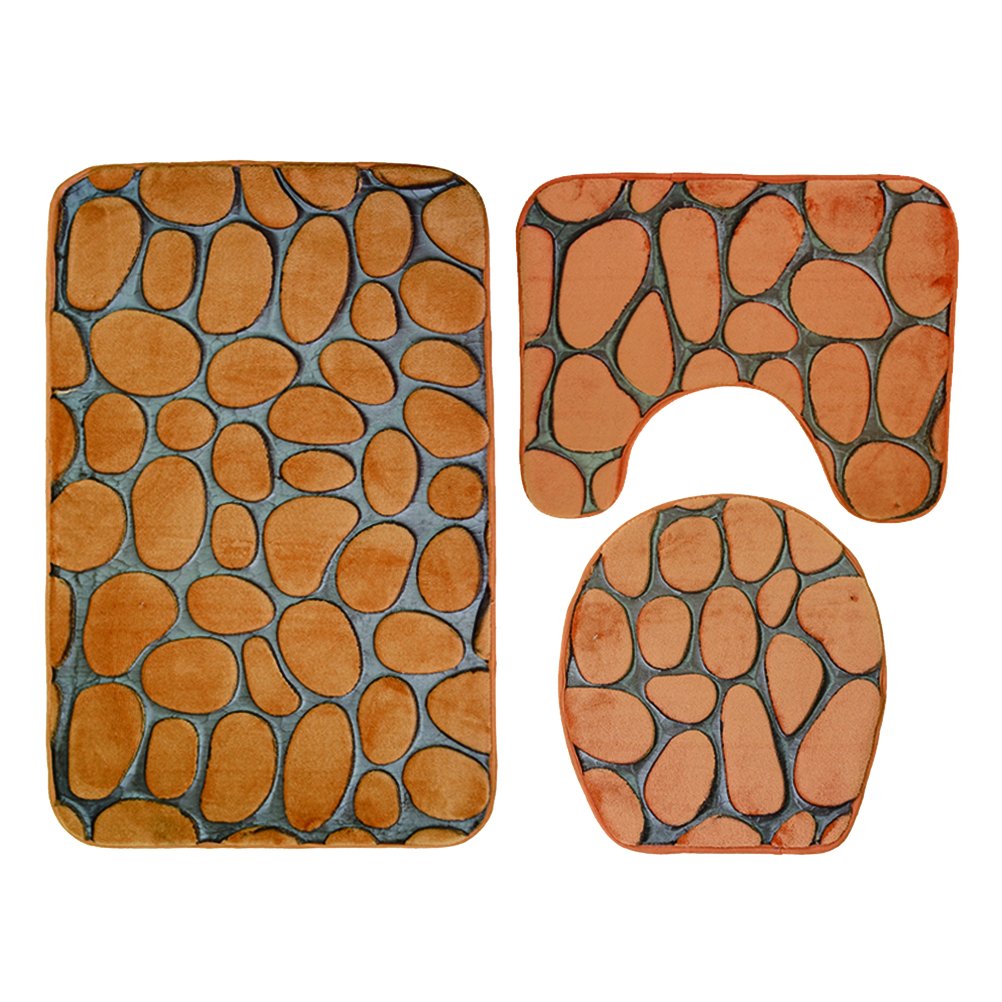 3-Piece Pebble Pattern Non-Slip Bathroom Mat Set - Water Absorbent Toilet Rug & Pedestal Mat with Stool Lid Cover - Soft & Durable for Bathroom, Shower & Vanity Area (Camel Color)