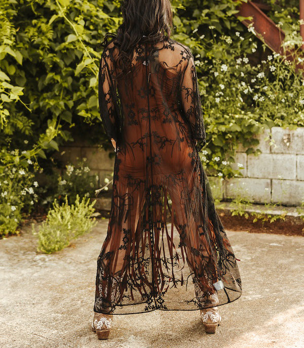 Women's Western Embroidered Mesh Lace Duster Cardigan - Boho Chic Open Front Cover Up for Spring & Summer - Perfect for Music Festivals, Beach Cover-Ups, and Casual Outfits