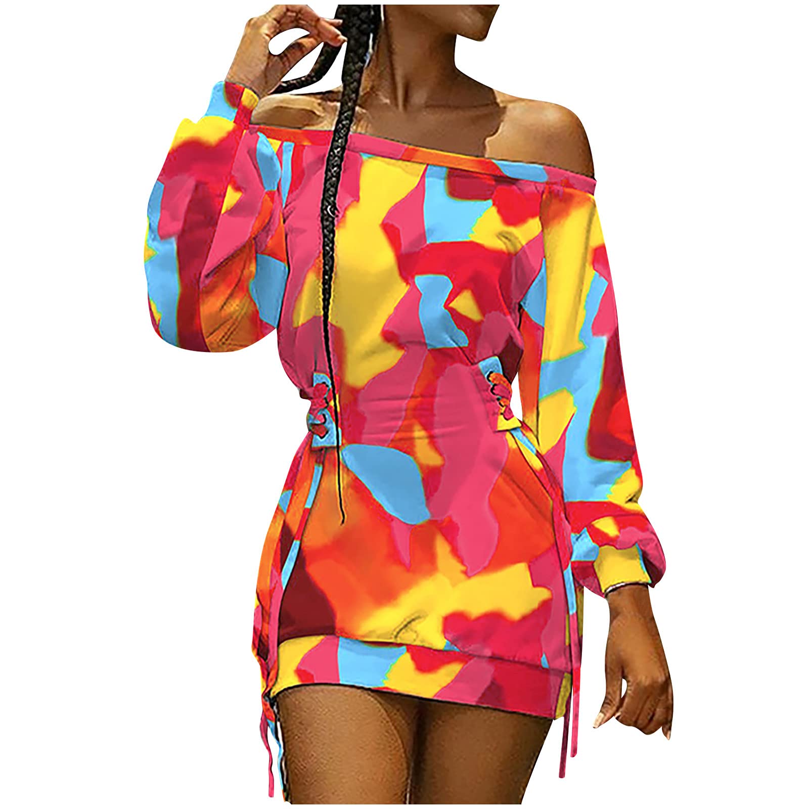 Women's Off Shoulder Long Sleeve Tie Dye Sun Dress - Flowy Beach Cover Up, Summer Shift Dress for Vacation, Pool Party & Boho Fashion