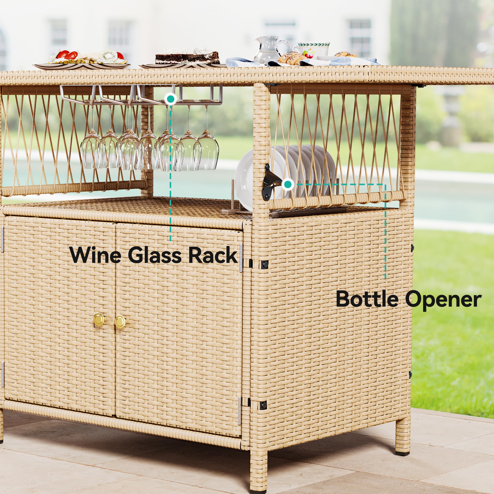 YITAHOME XL Outdoor Storage Cabinet - Weather-Resistant Patio Wicker Bar Table with Plastic Wood Tabletop, Wine Glass Holders & Built-in Bottle Opener, Light Brown - Perfect for Backyard, Deck, Poolside & Outdoor Entertaining