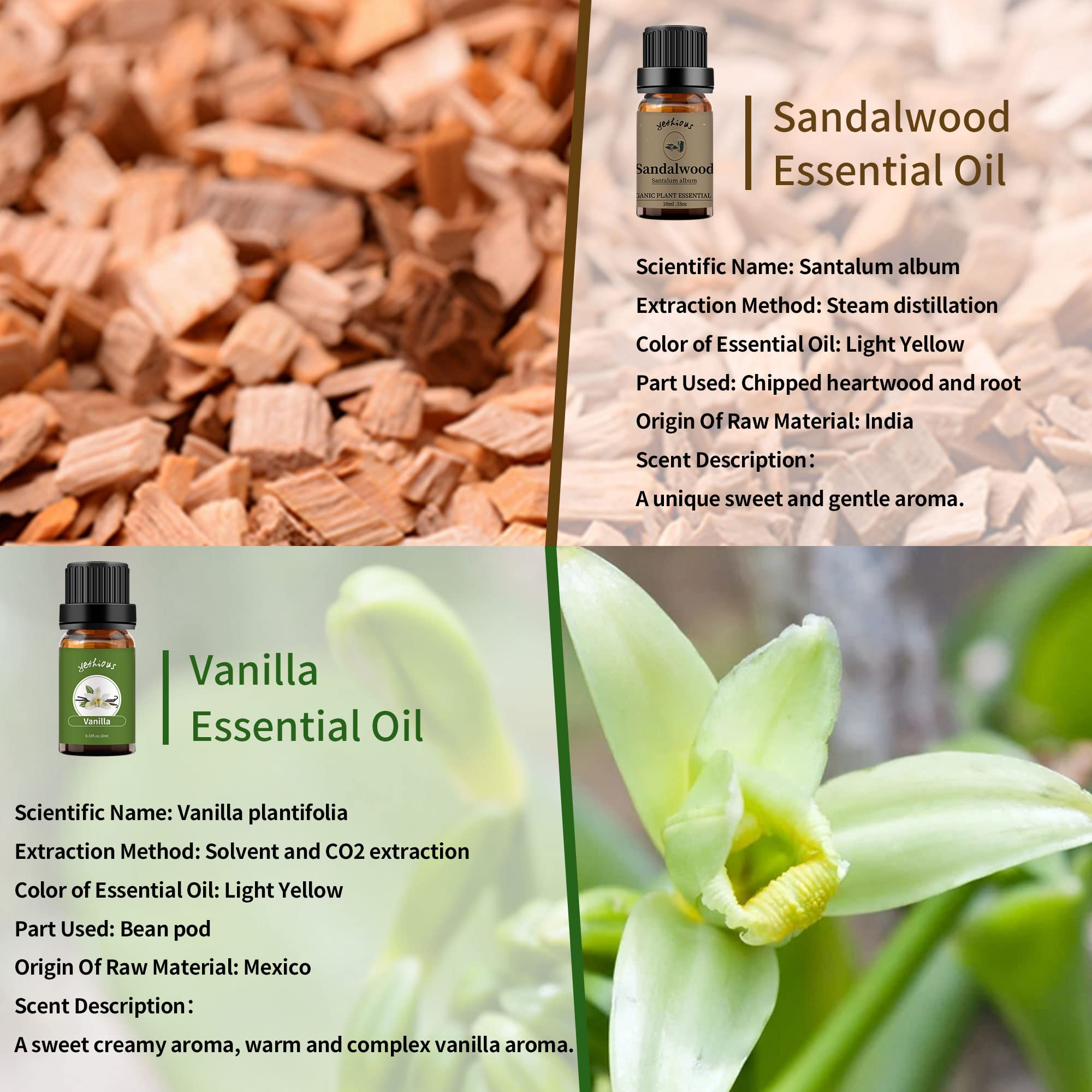 Yethious Pure Natural Organic Vanilla Sandalwood Essential Oils Set - 2PCS 10ML for Diffuser, Aromatherapy, Massage & Relaxation at Home or Spa