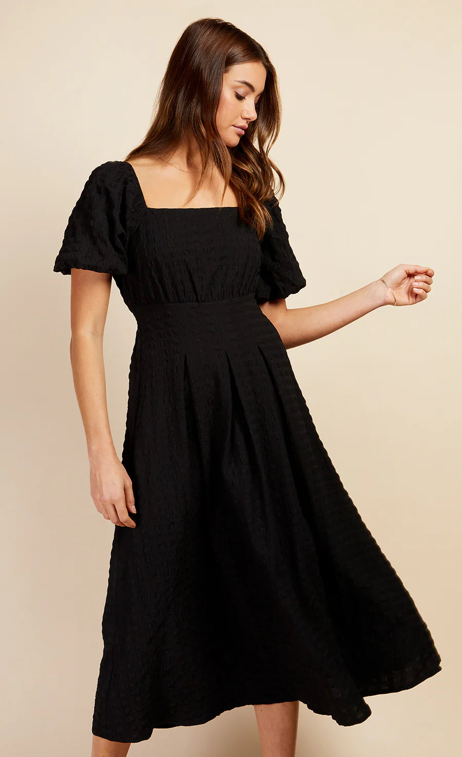 Clara Textured Puff Sleeve Midaxi Dress for Women - Elegant Black Flowy Midi Dress for Parties, Weddings & Date Nights