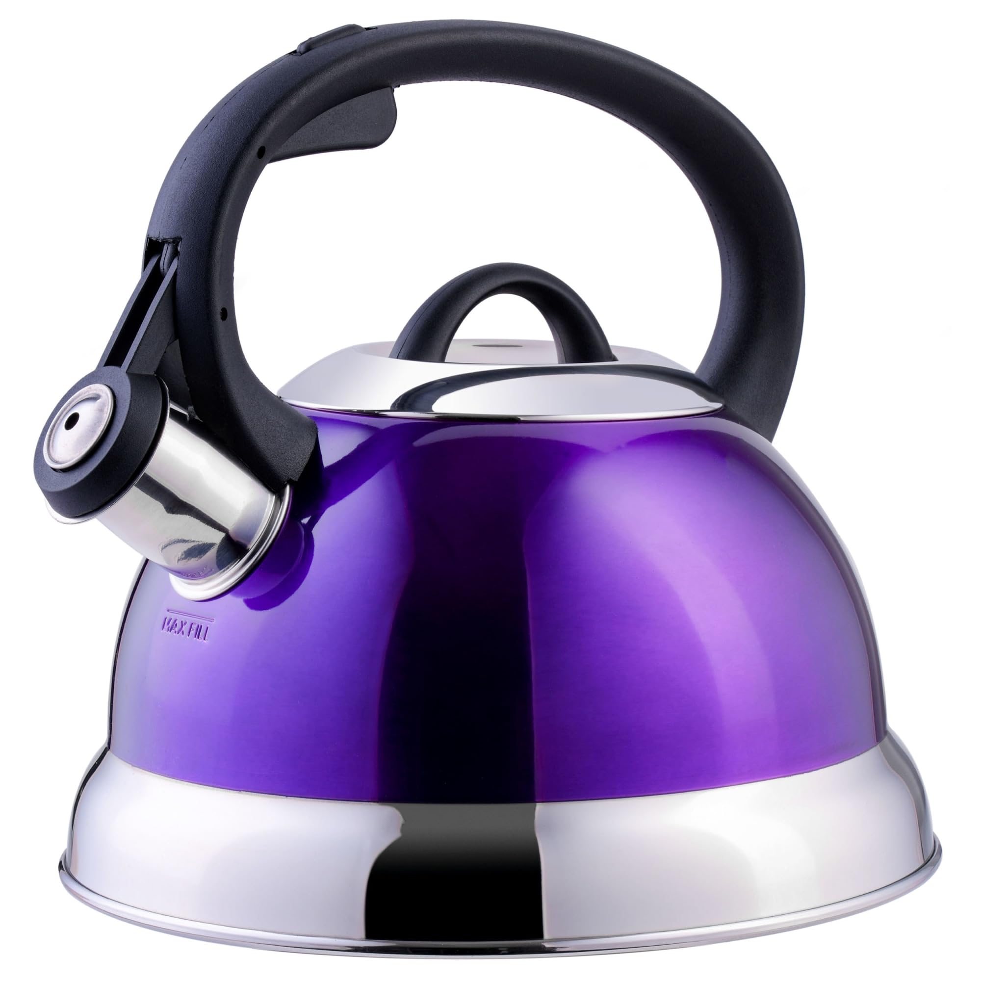 Mr. Coffee Flintshire 1.75-Quart Stainless Steel Whistling Tea Kettle with Heat-Resistant Nylon Handle - Metallic Purple | Perfect for Stovetop Tea Brewing & Kitchen Decor