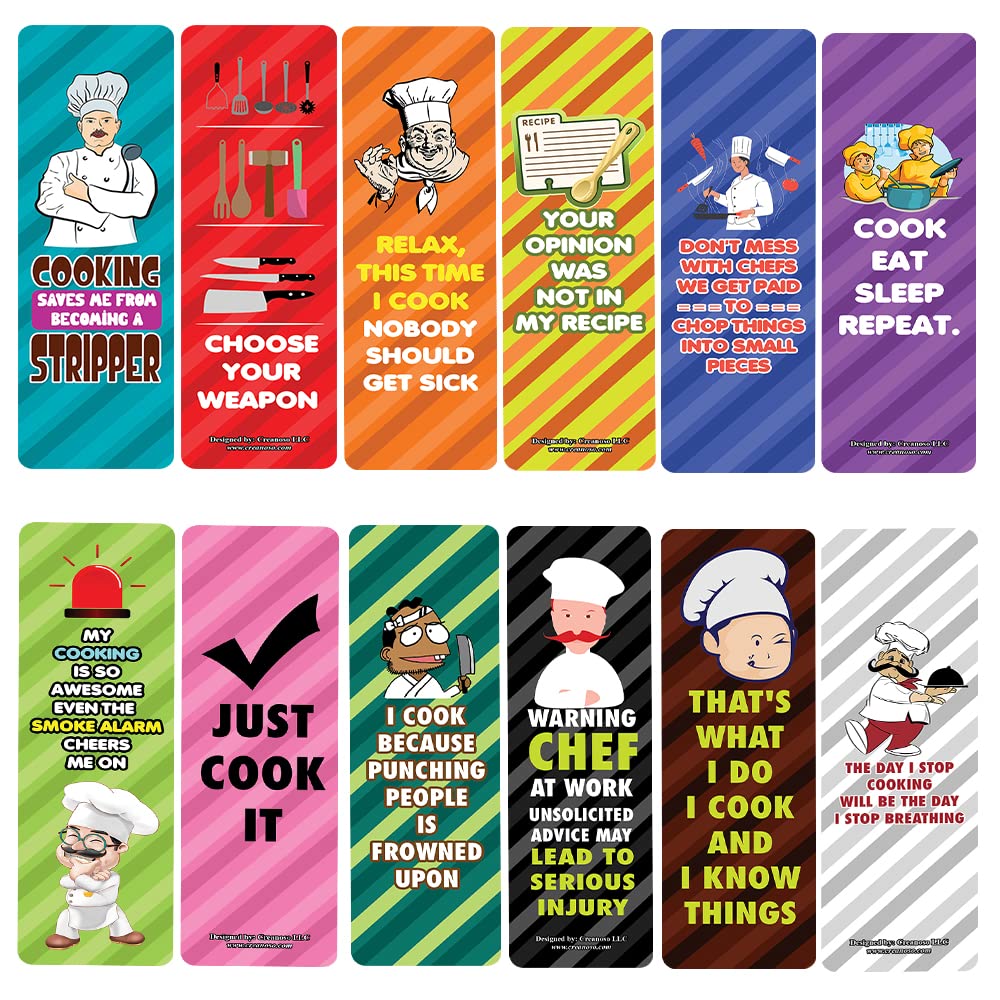Creanoso Funny Cooking Bookmarks (10-Sets X 6 Cards) - Inspirational Daily Quote Cards - Unique Book Page Clippers - Perfect Gift for Chefs & Book Lovers - Ideal for Kitchen Decor & Reading Accessories
