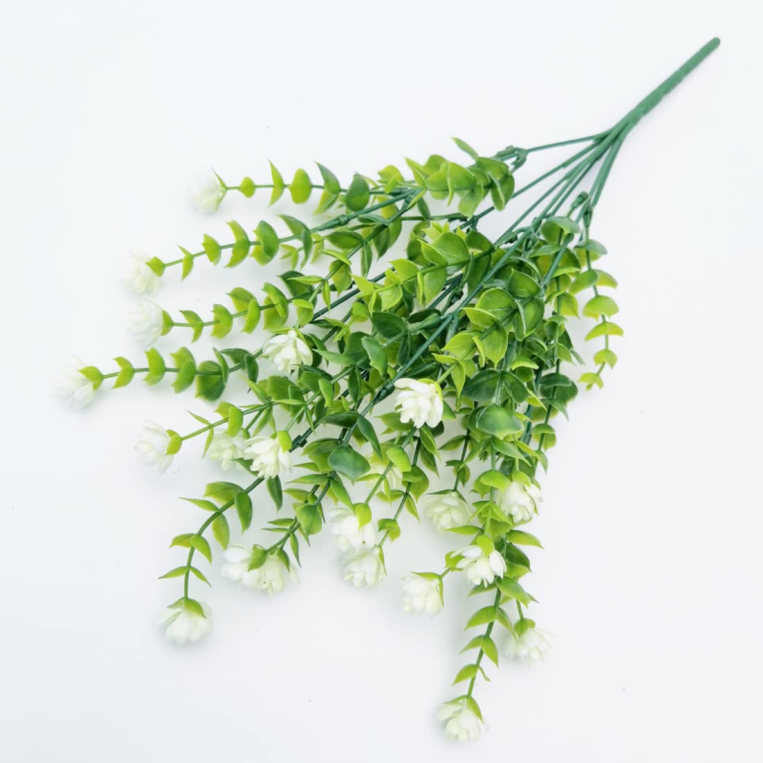 6 Bundles Artificial Eucalyptus Flowers - UV Resistant Faux Plastic Plants for Outdoor Garden, Porch & Window Box Decor - White Fake Greenery for Home & Wedding Decoration