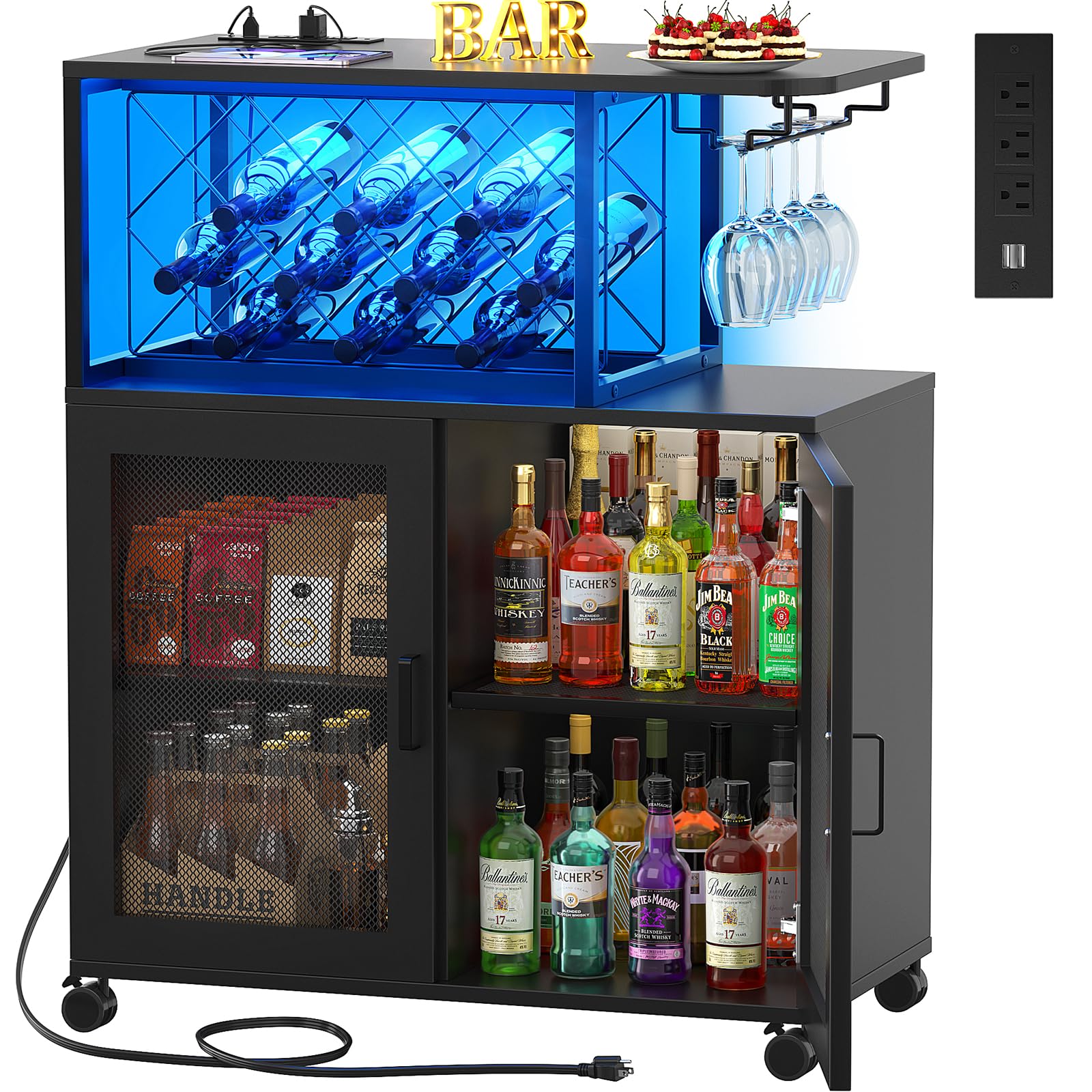 Portable Small Bar Cart with Wheels - LED Light Liquor Cabinet with Power Outlets, Wine Bar Storage with Rack & Glass Holder - Kitchen, Dining & Living Room Mini Bar for Home Entertaining (Black)