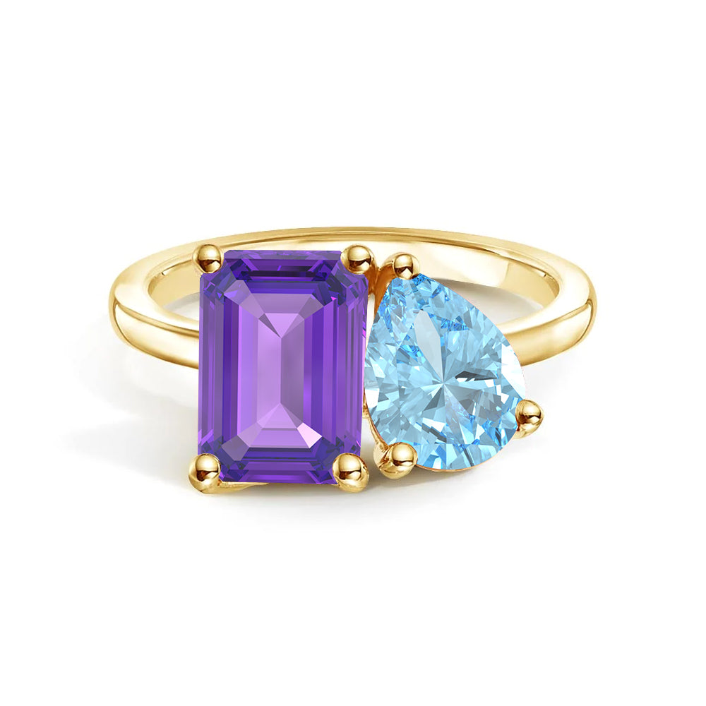 Personalized Toi et Moi Amethyst Birthstone Ring - Custom Anniversary Jewelry for Couples, Gift for Her, Romantic Proposal & Wedding Band
